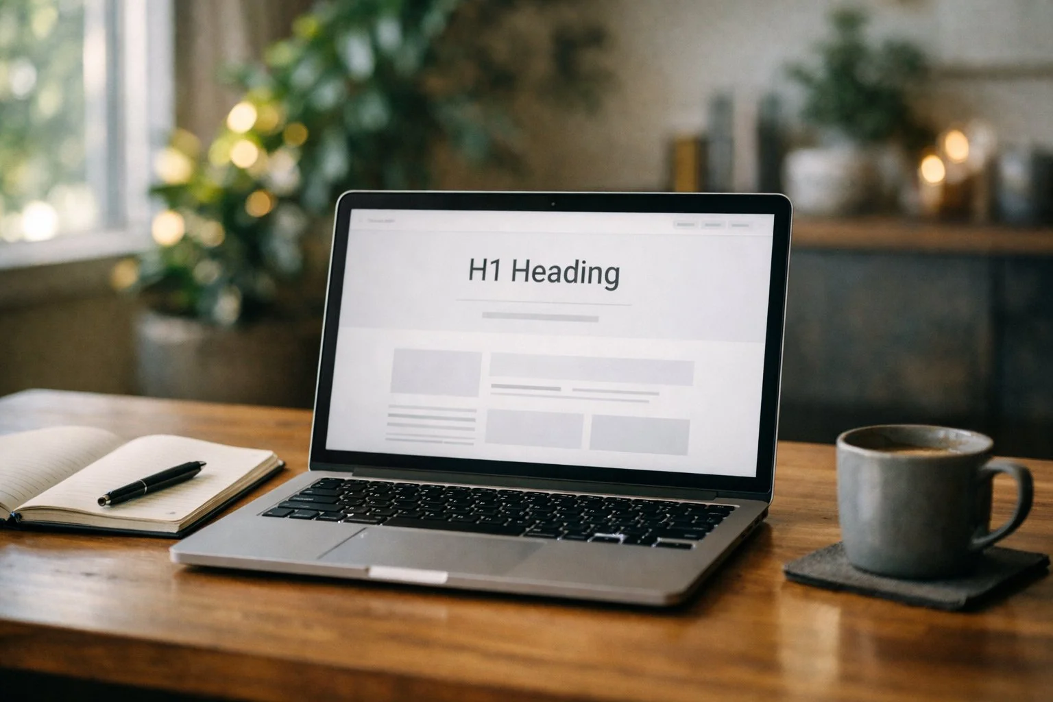 Modern workspace with laptop and office items representing a 2026 guide to H1 tags and website SEO