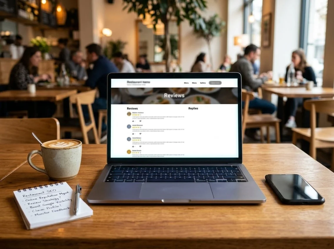 A laptop on a wooden table in a café showing a restaurant website with blurred review elements surrounded by a smartphone coffee cup and notepad