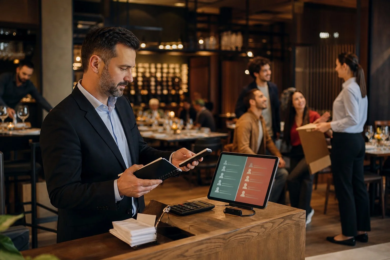 Restaurant manager comparing direct booking and per-cover platform options at the host station