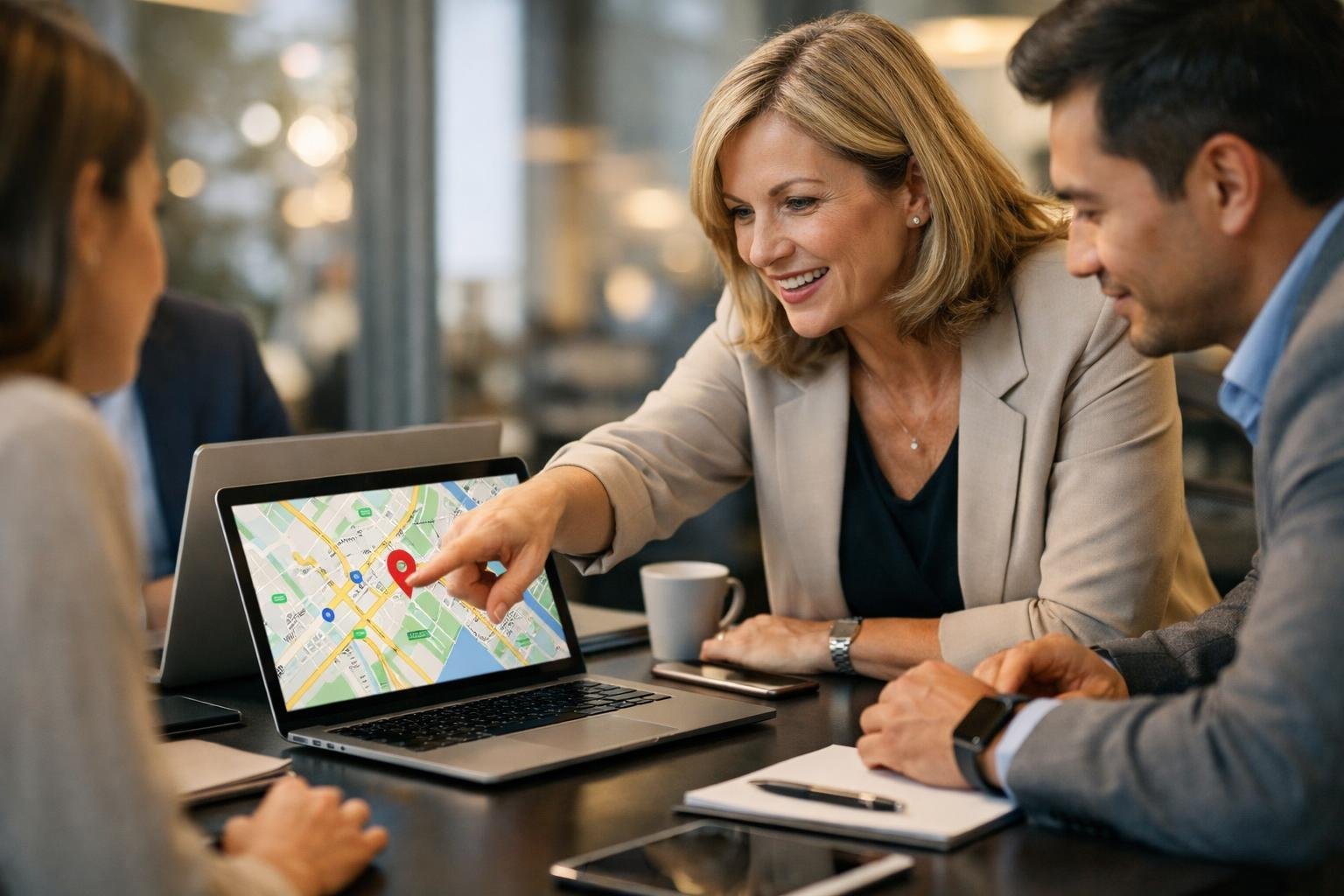 A laptop on a wooden desk showing a Google Maps screen surrounded by notes, a smartphone with graphs, and a coffee cup in a bright modern workspace
