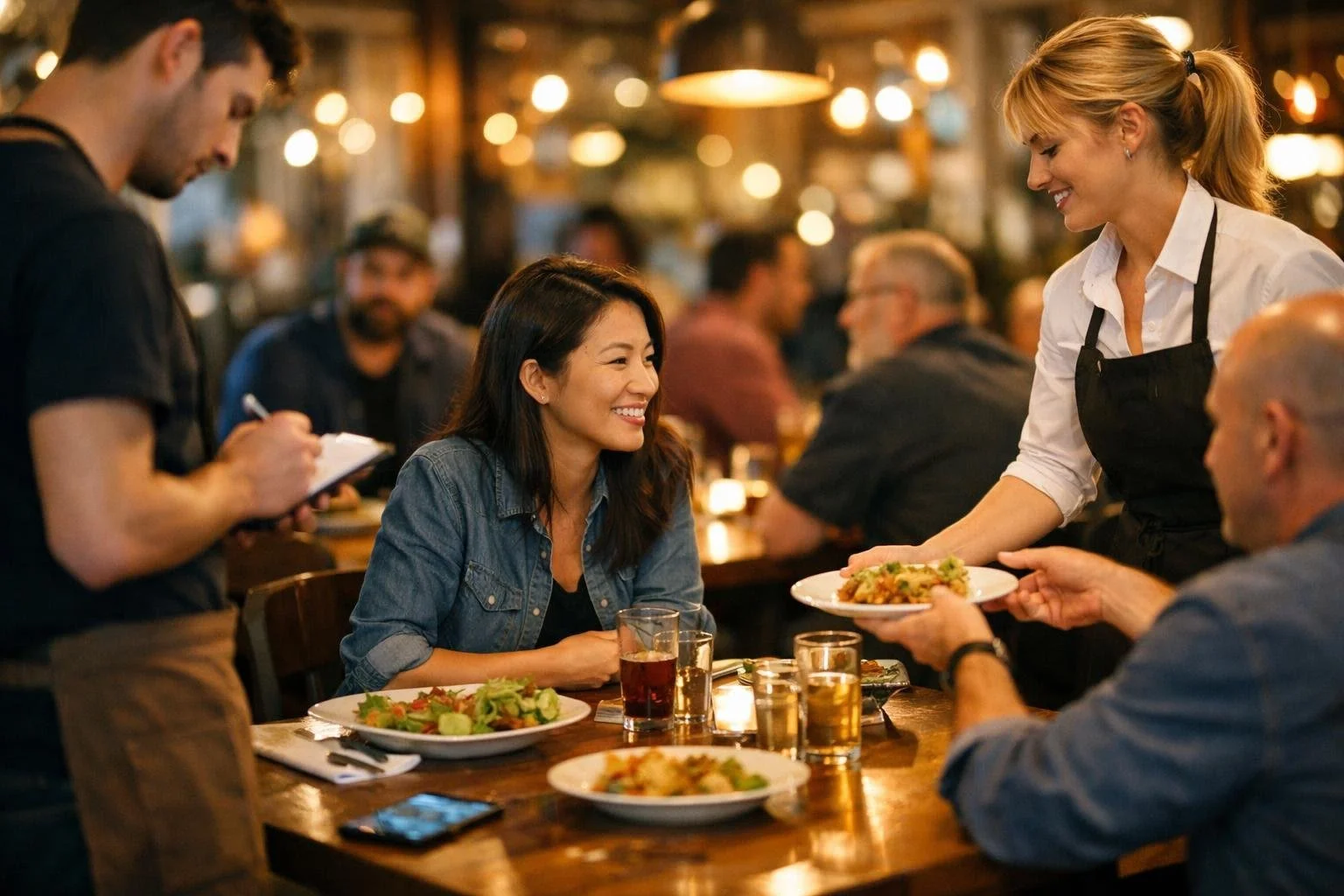 A busy restaurant interior with staff serving customers and people enjoying meals at tables with warm lighting and blurred lights in the background