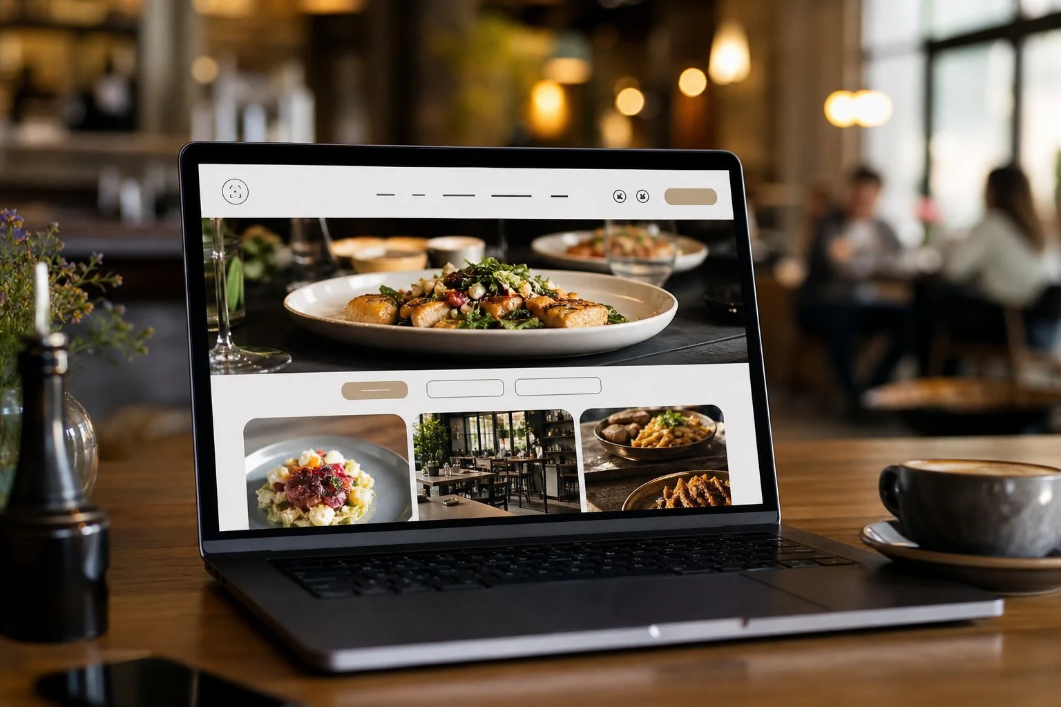 Person browsing a restaurant website on a laptop in a warmly lit dining room