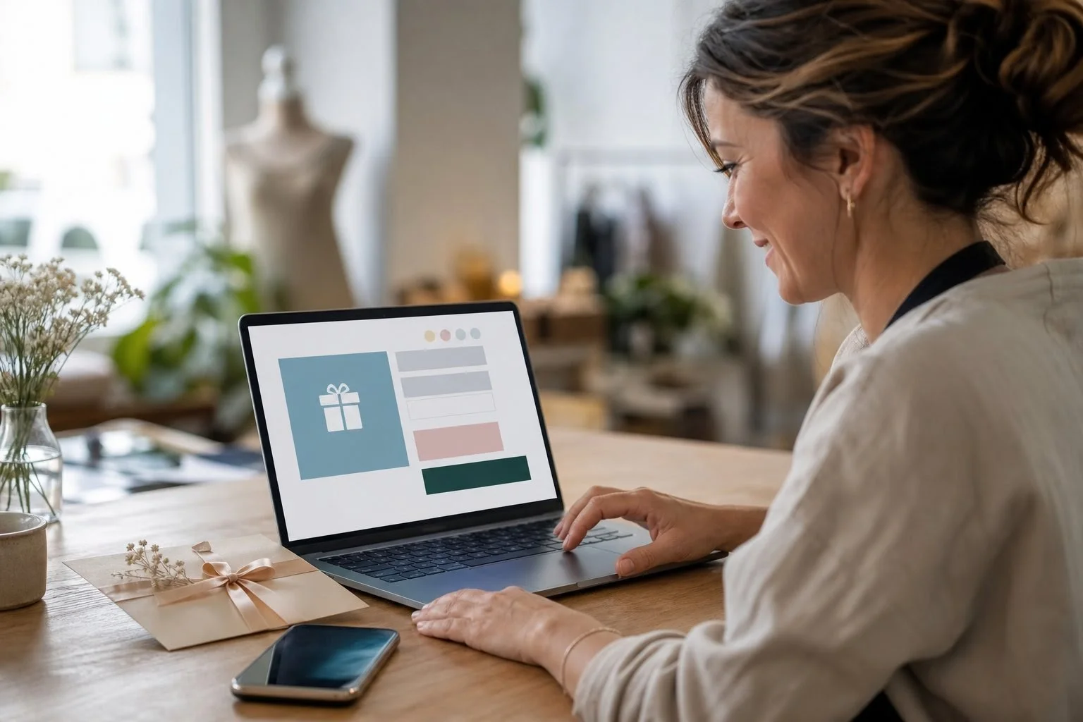 Hotel receptionist managing gift voucher orders on a laptop at the front desk beside voucher cards