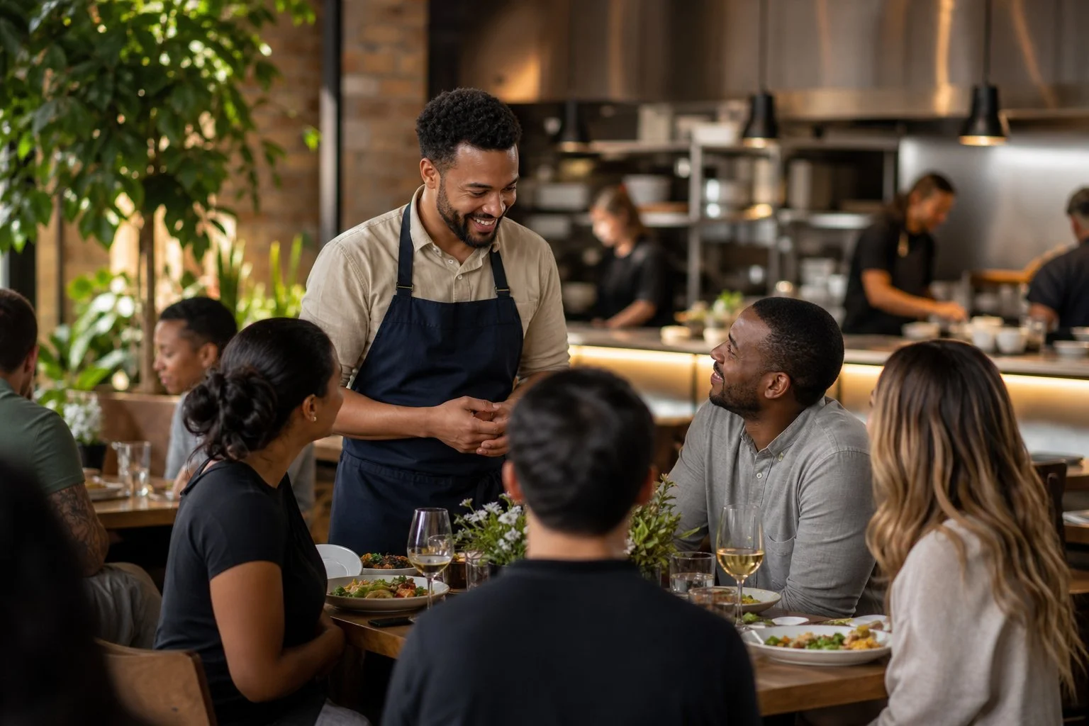 Restaurant owner warmly greeting diners inside a busy modern restaurant with kitchen staff working in the background