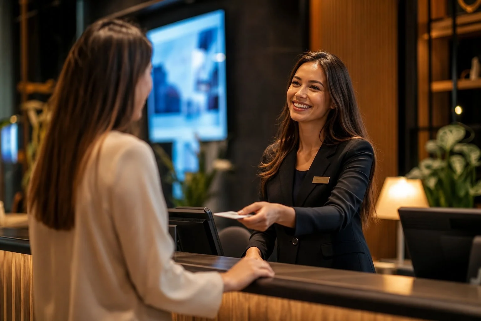 A smiling hotel staff member speaking with a guest at reception in a bright, welcoming lobby, answering the kind of common questions an FAQ page can handle
