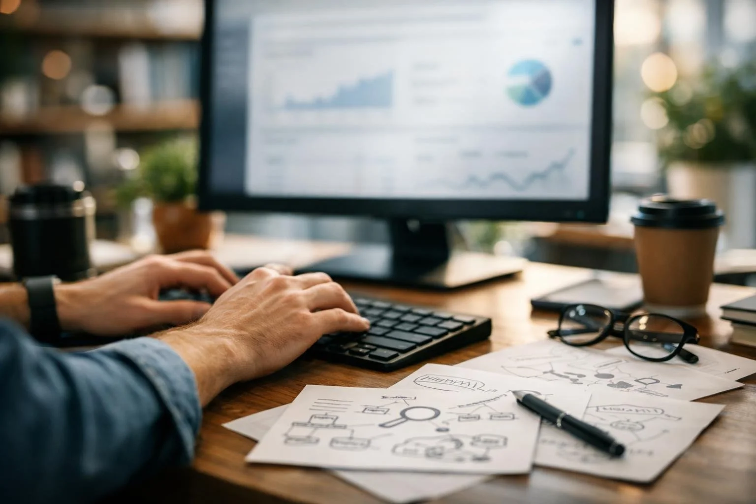 Person researching SEO strategies for a hospitality business on a laptop