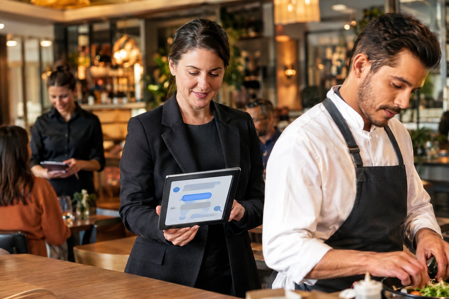 Restaurant manager reviewing online orders on a tablet while staff prepare food in the dining room