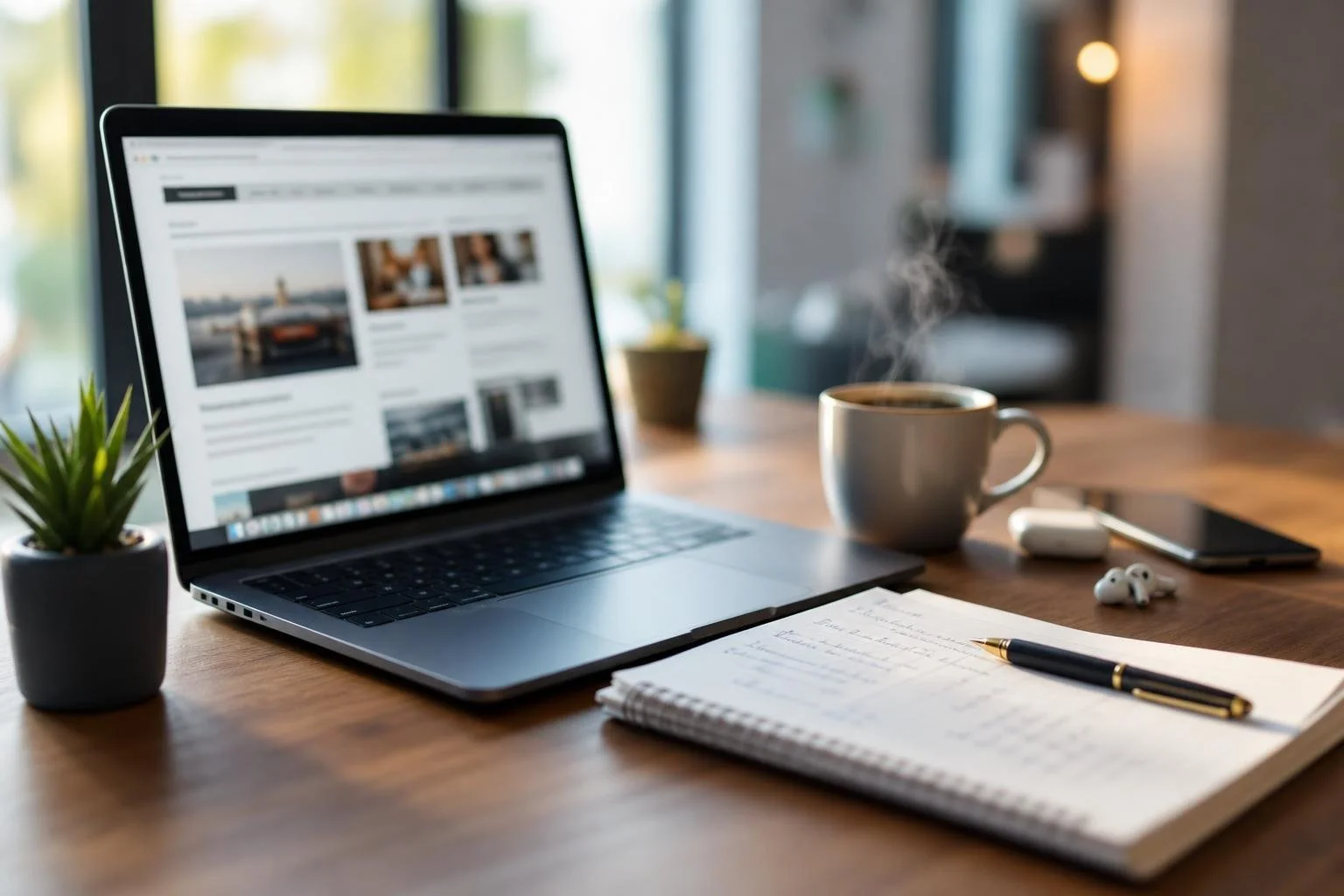 Modern home office desk with laptop, notepad, pen and coffee cup beside a bright window