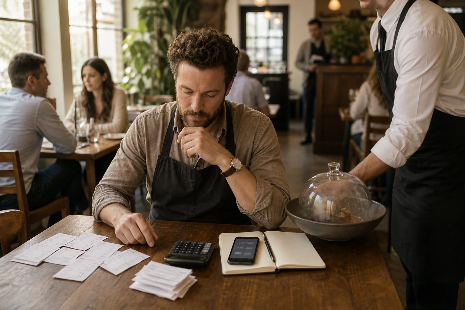 Restaurant manager reviewing per-cover reservation fees and direct booking costs during service