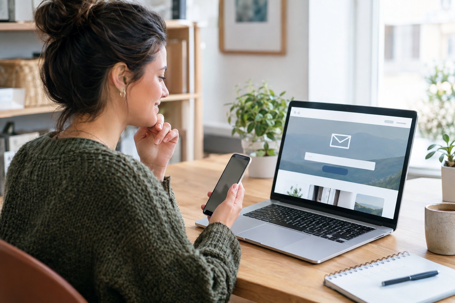 Small business owner reviewing their website on a laptop at a desk while planning email marketing