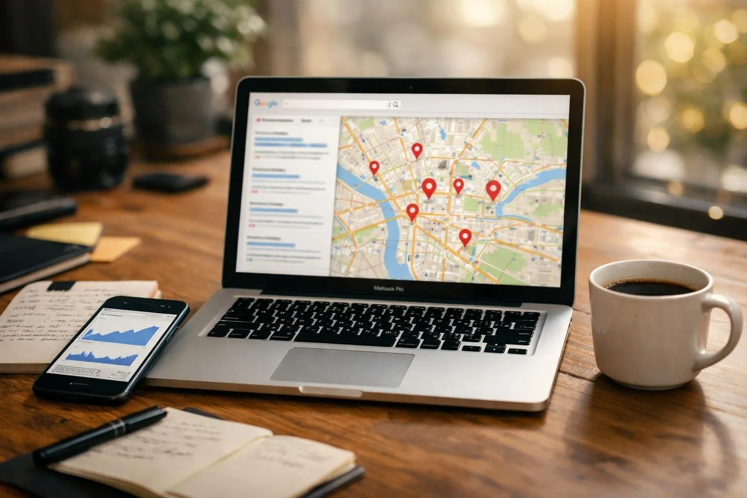 A group of business professionals working together around a desk with laptops looking at a screen showing a map interface in a bright office