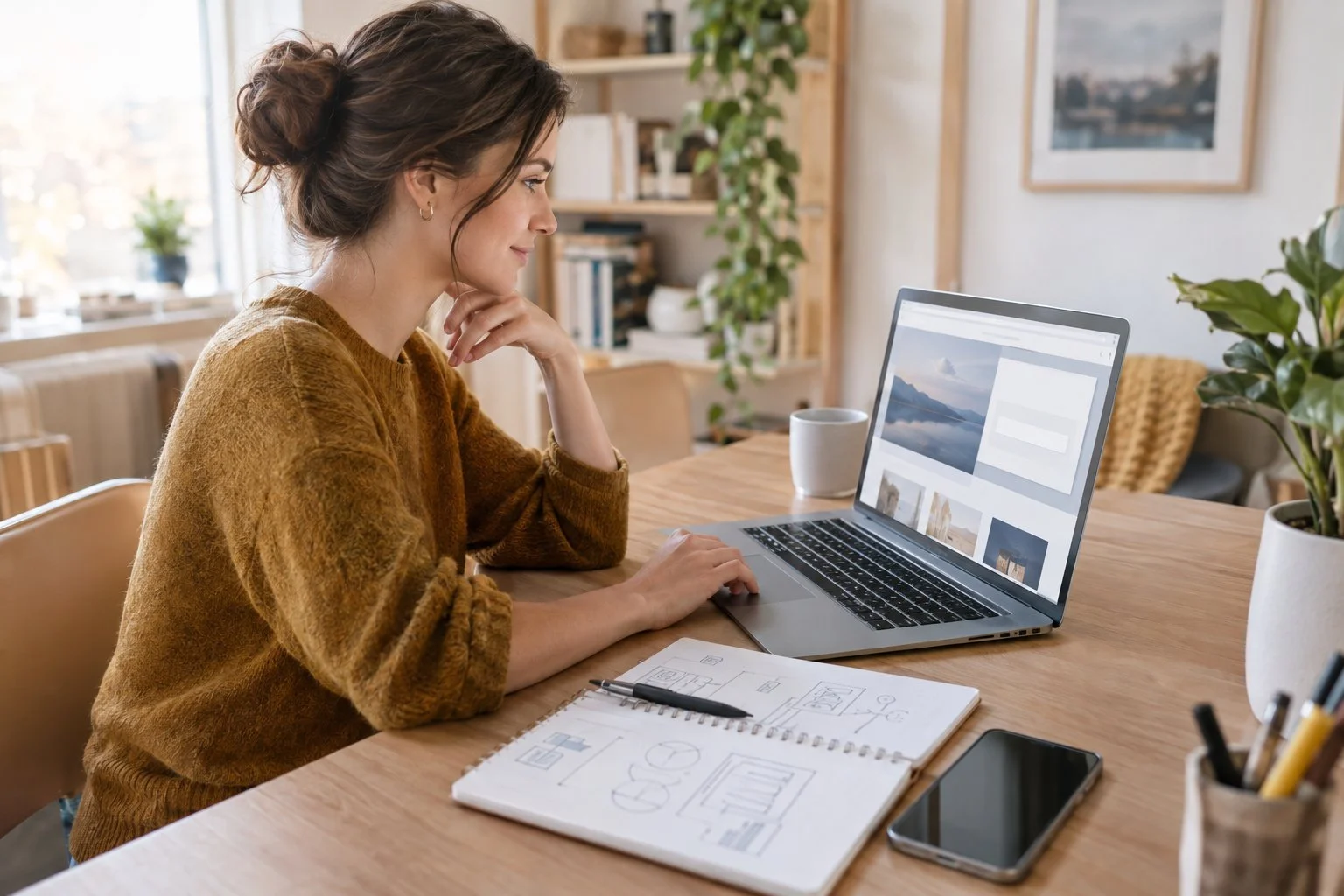 Small business owner working at a laptop showing an email sign-up form on a website