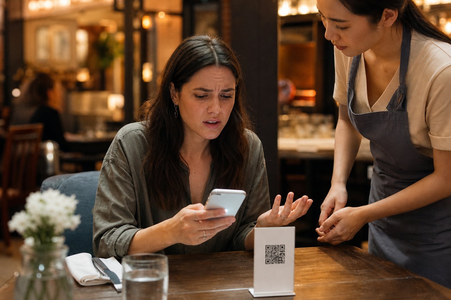 A frustrated diner tries to scan a QR code menu at a restaurant table while a server helps another guest