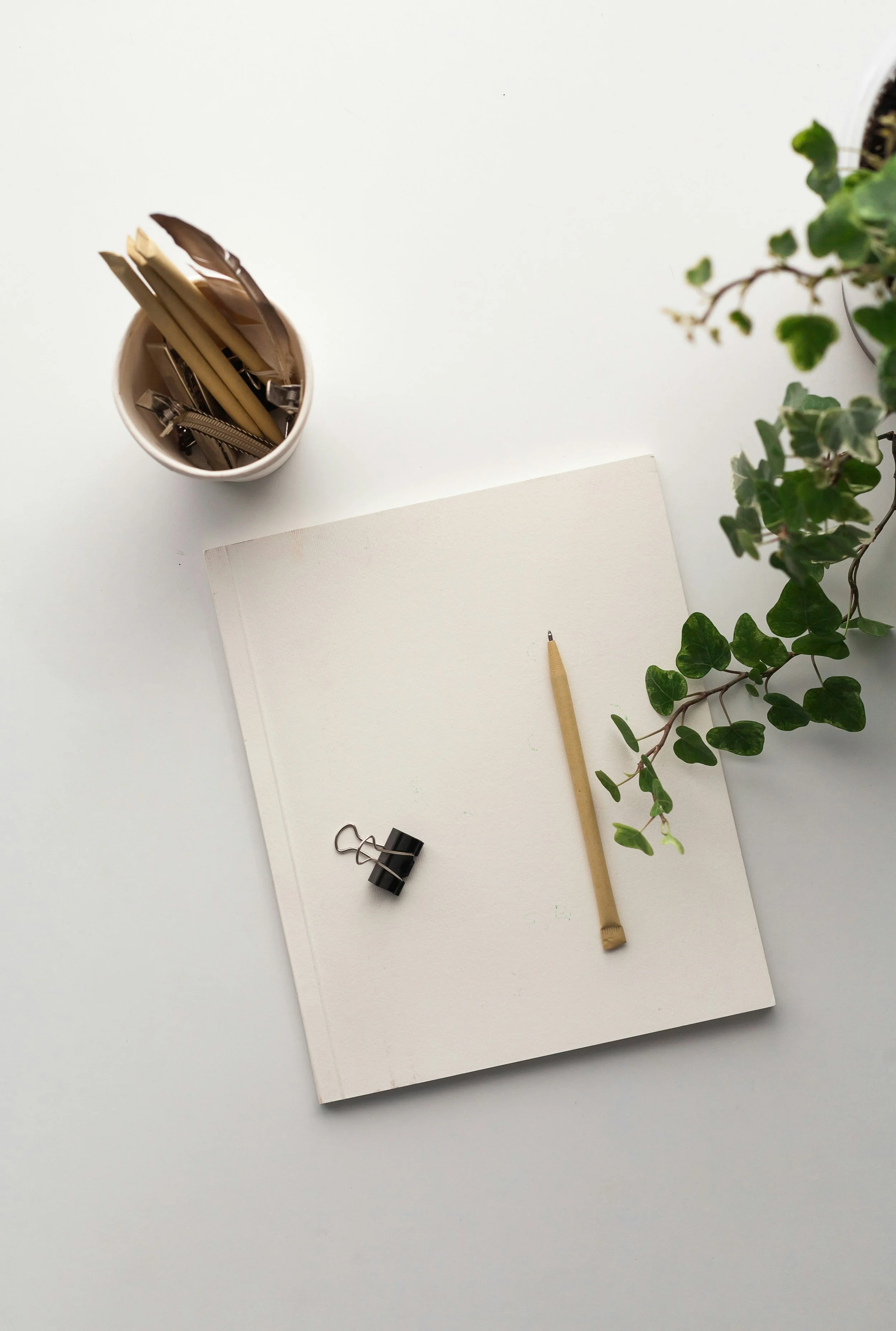 Minimalistische werktafel met papier, schrijfmateriaal en een groene plant.