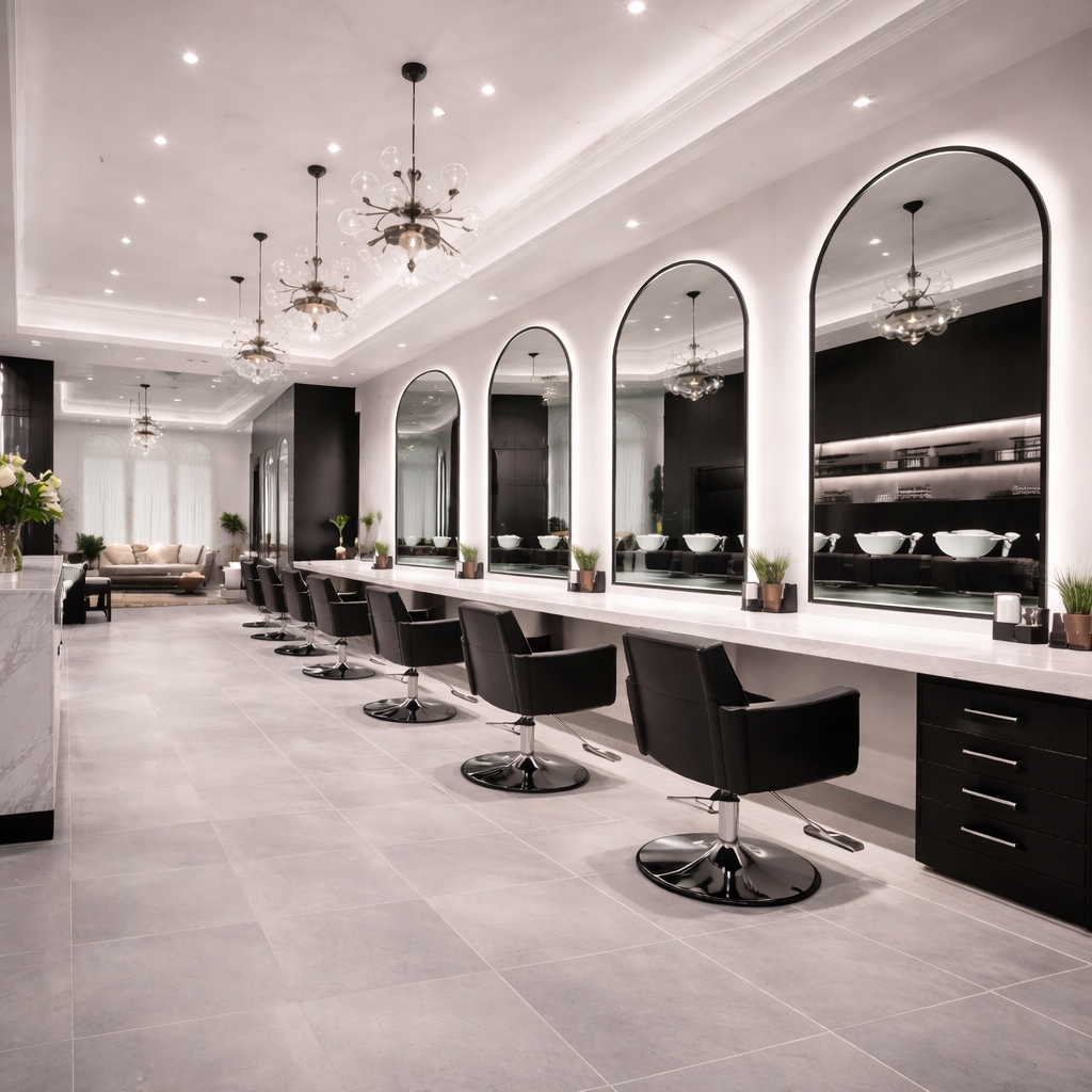 Modern hair salon with black salon chairs, large mirrors with arched frames, and washbasins in the background, illuminated by chandeliers and recessed lighting.