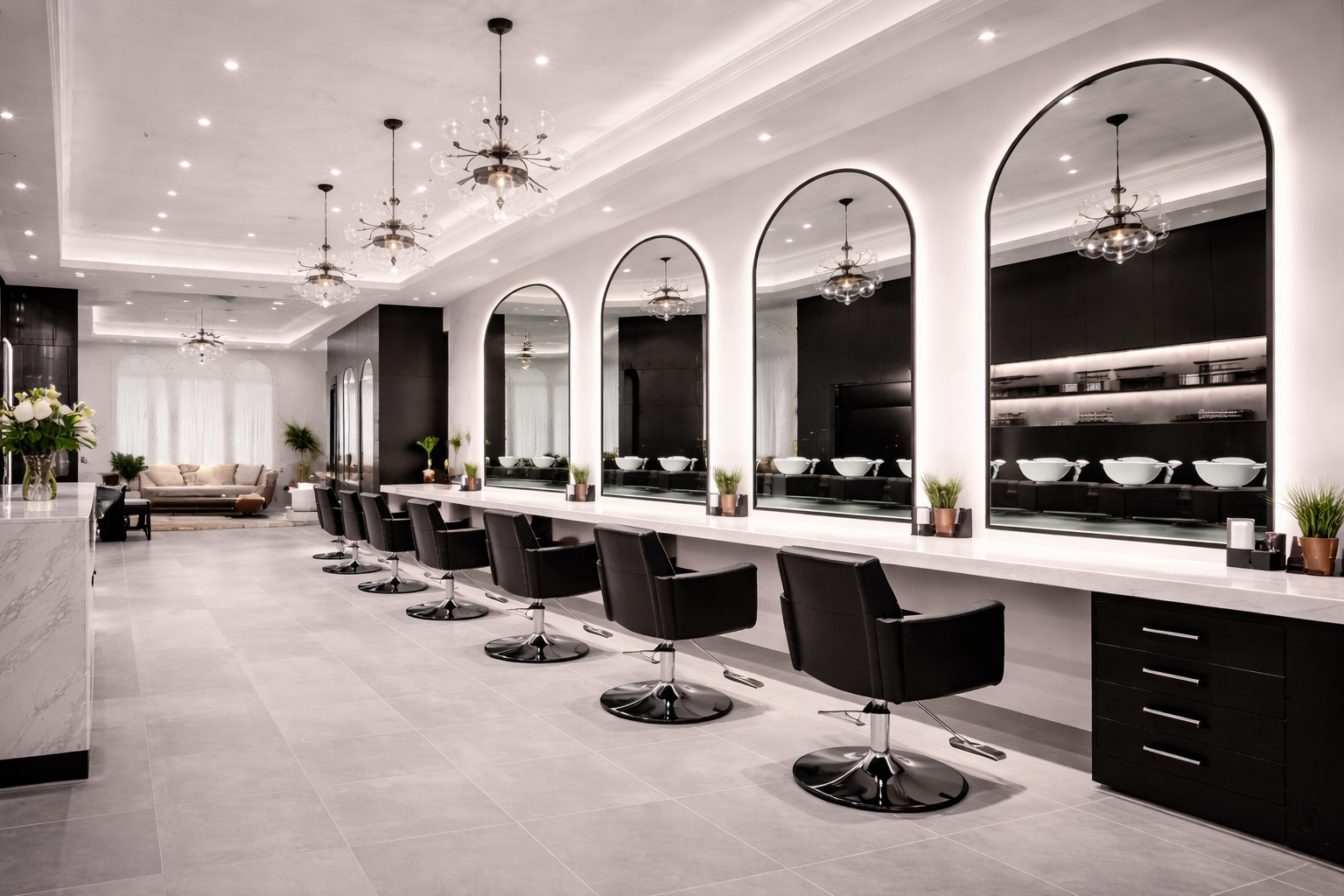 Modern salon with black styling chairs lined along a large mirror wall, white countertops, and decor including small potted plants and vases, illuminated by chandeliers and recessed ceiling lights.