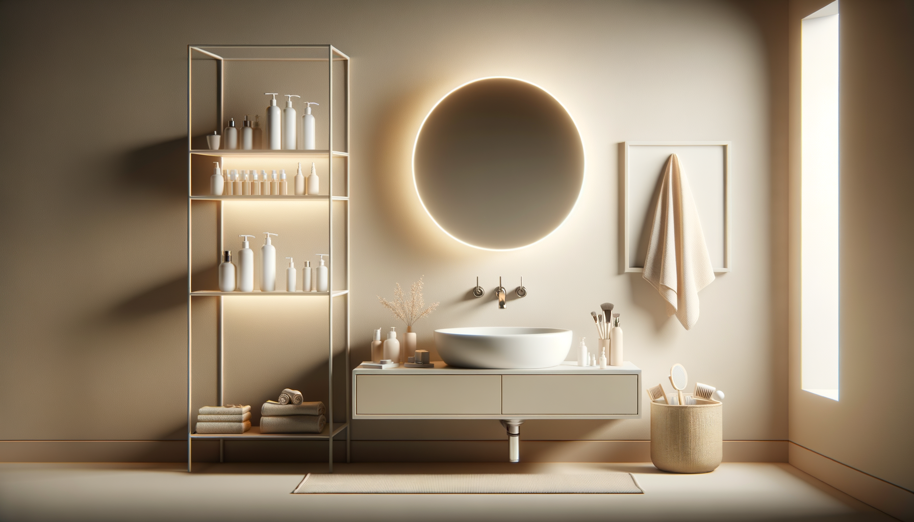 Minimalist bathroom with a round backlit mirror, a white vessel sink on a floating vanity, open shelving with bottles, folded towels, a soap dish, a basket with brushes, and a hanging towel.