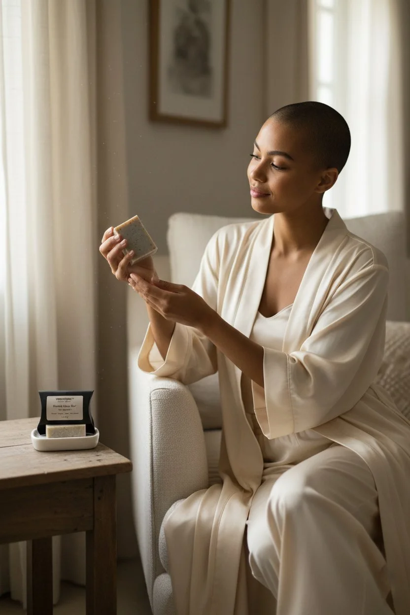 A woman in silk pajamas is sitting on a cream-colored chair looking at a soap bar she is holding in her hands, with a gentle smile. There is a soap package on a wooden table nearby, and the room has soft natural light coming through sheer curtains.