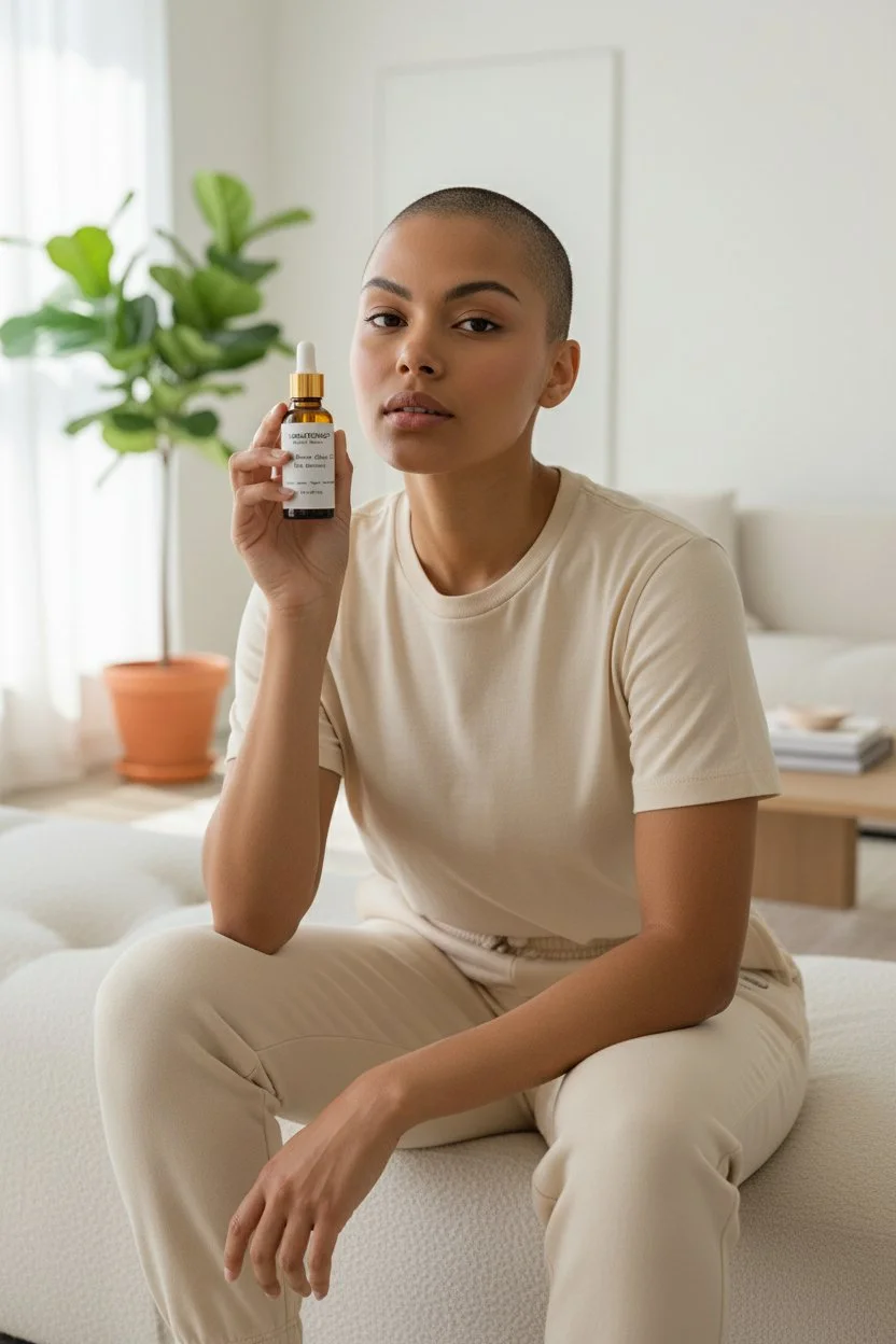 Woman with a buzz cut holding a small brown bottle with a dropper, sitting in a bright minimalist room with a potted plant in the background.