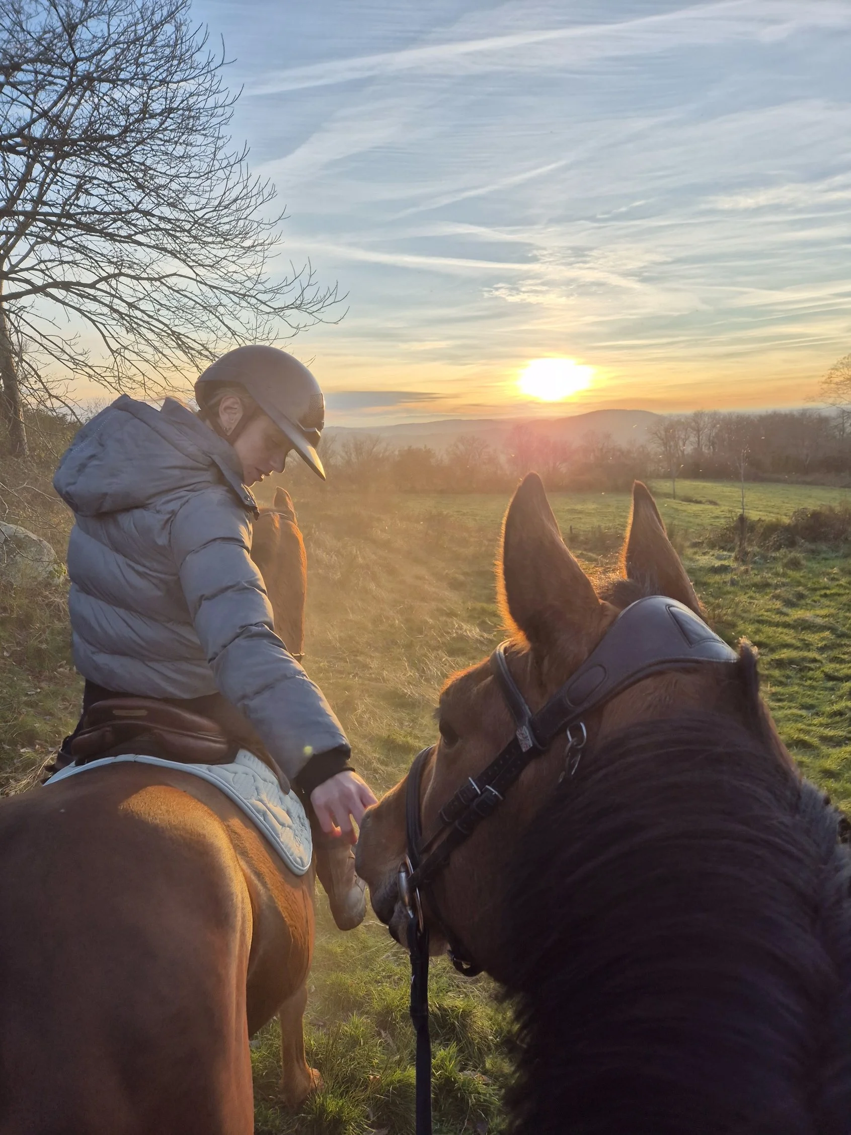Personne en casque à l'extérieur au coucher du soleil, montant un cheval, avec un autre cheval en première plan.
