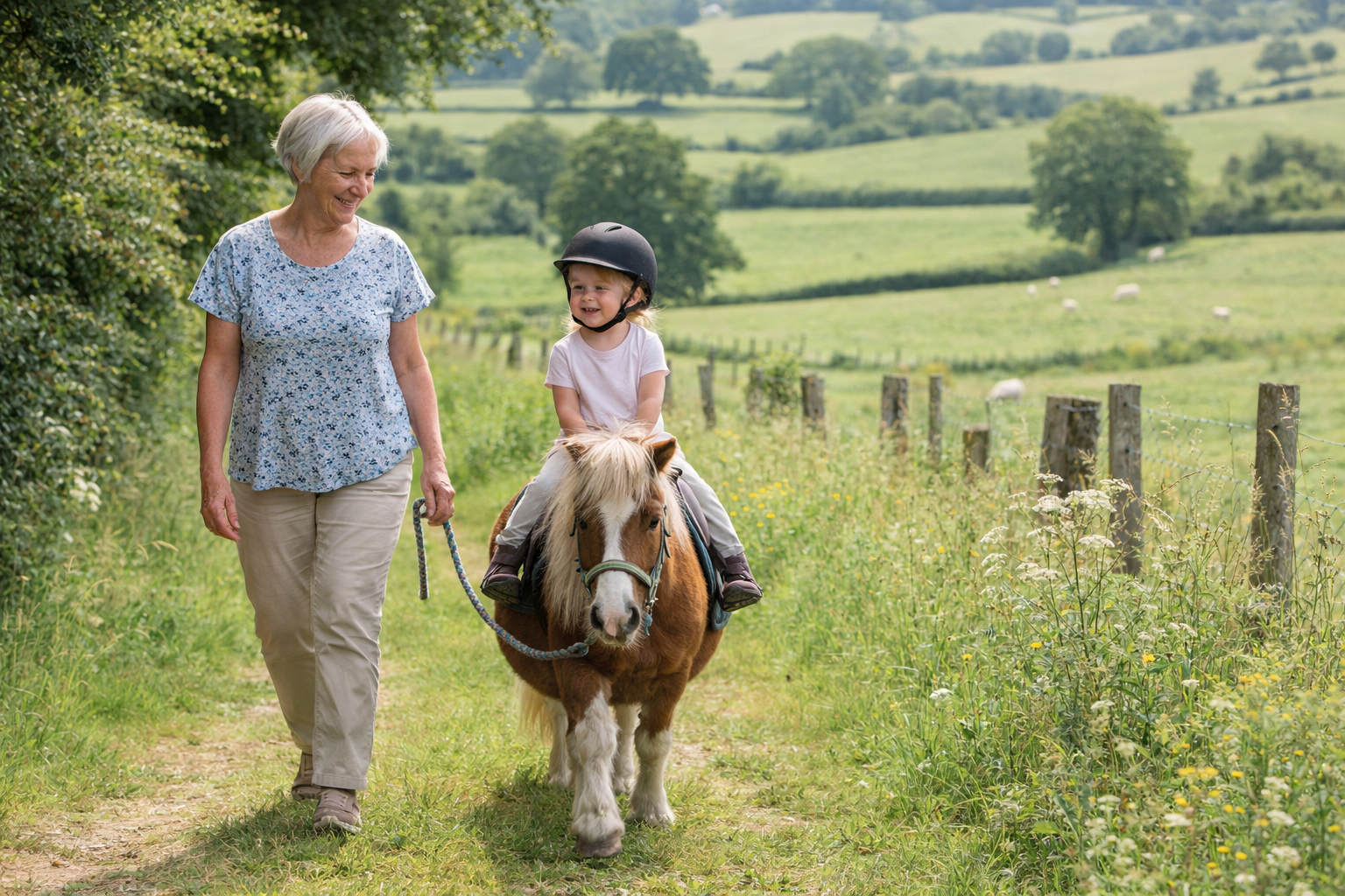 Une grand-mère et une petite fille en balade dans la campagne, la petite fille est assise sur un poney et porte un casque, la grand-mère lui tient la laisse et elles sourient.