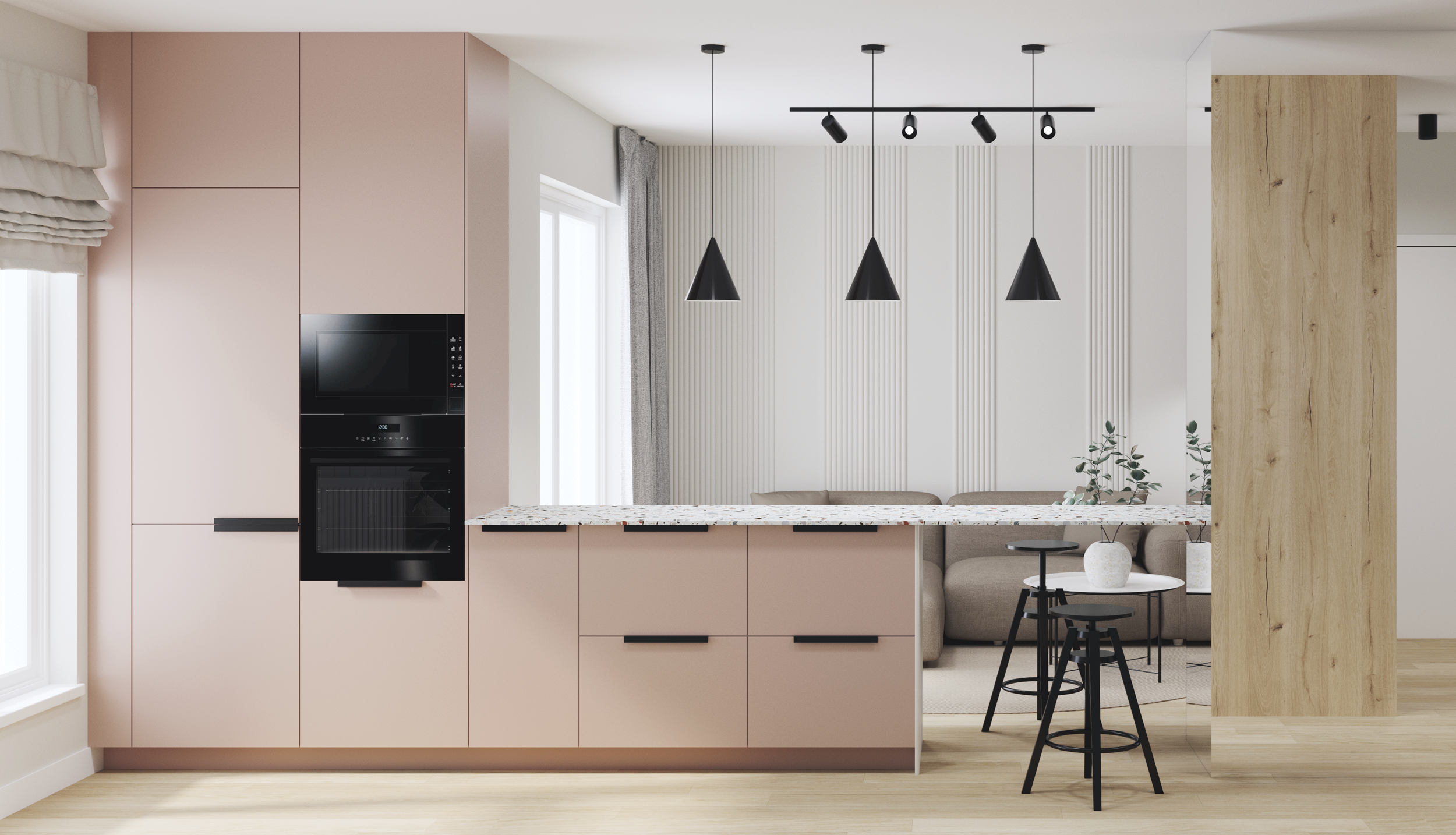 Modern kitchen with pink cabinets, black appliances, and a white marble countertop island, open to a living area with beige sofa and black pendant lights.