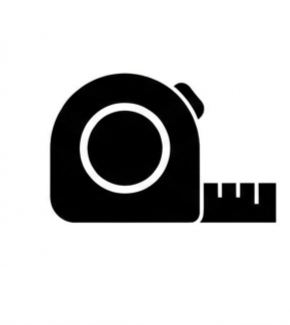 Graphic icon of a black measuring tape with a white circular wheel and a protruding metal end against a white background.