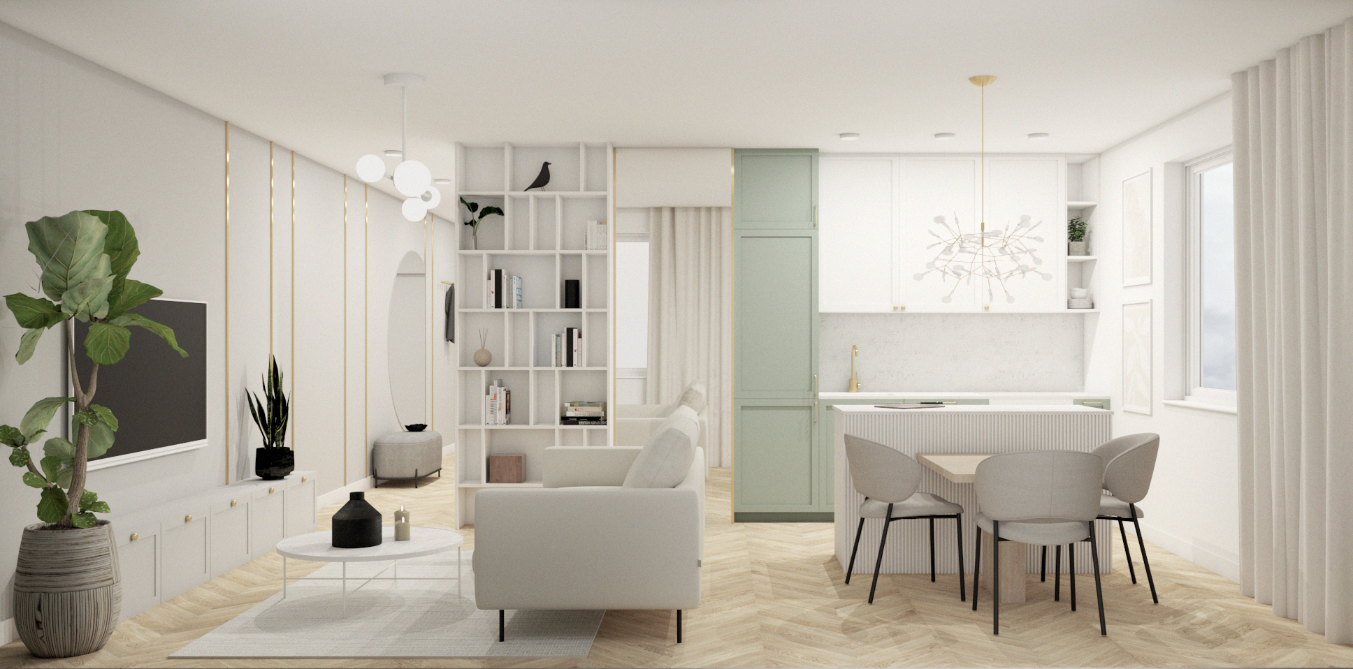 Open-concept living room and kitchen in a modern style with white walls, light wood flooring, a gray sofa, a black round coffee table, a large potted plant, a white entertainment unit, a patterned rug, white shelving, and a dining area with a table, four chairs, and a decorative light fixture.