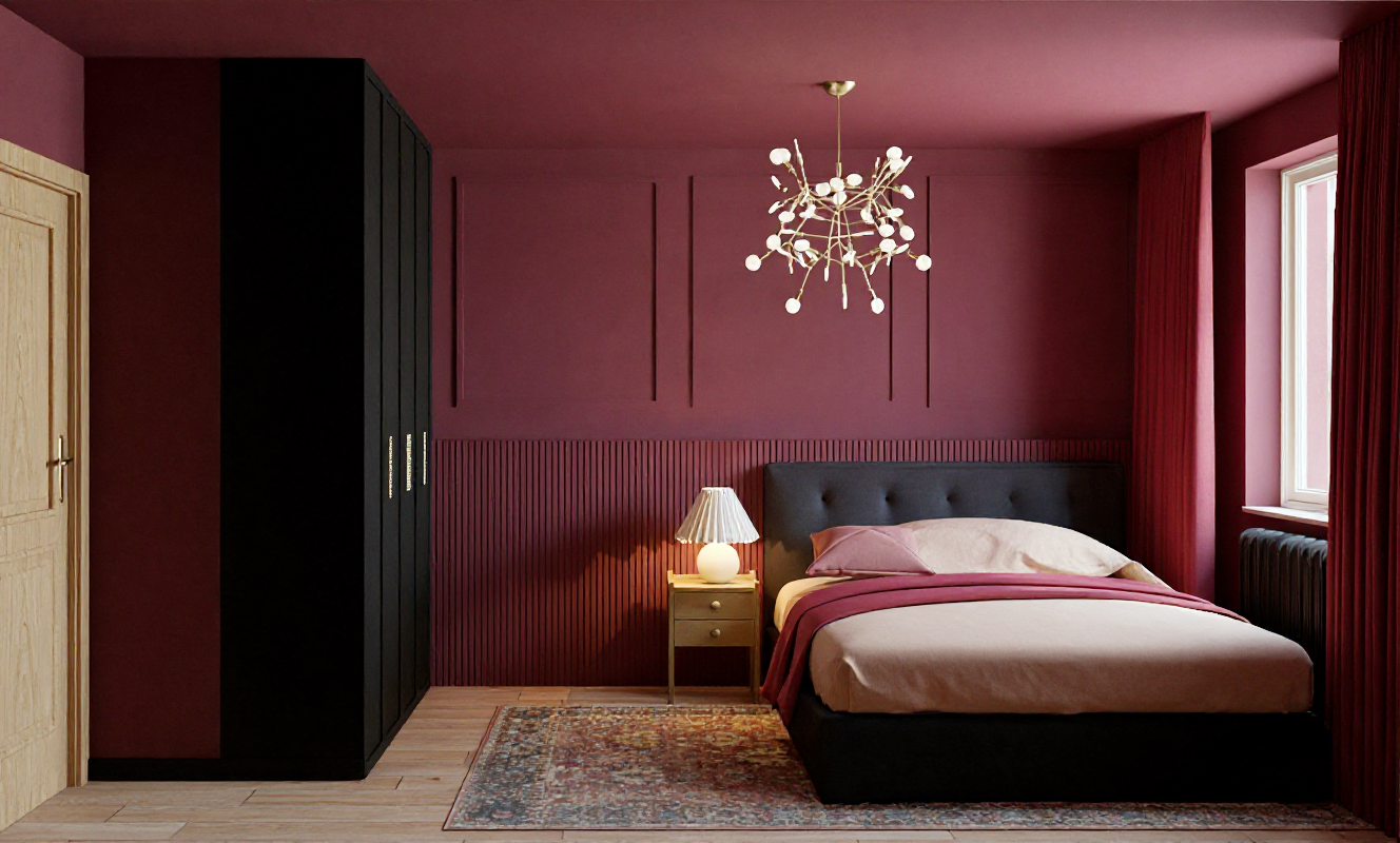 A bedroom with pink walls, a neutral bed with pink and beige pillows, a black headboard, a bedside table with a lamp, a black wardrobe, a window with pink curtains, and a chandelier ceiling light.