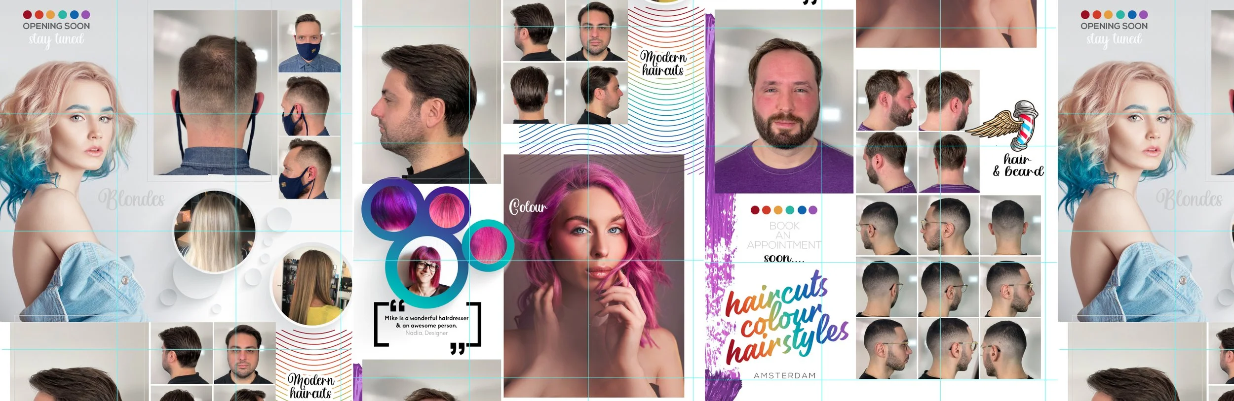 A promotional display for a hair salon featuring images of models with various hairstyles and colors, including pink and blonde hair. It also shows several images of men's haircuts, some with face masks, and a barber chair illustration. Text indicates services like modern haircuts, hair colors, hair styles, and encourages booking appointments. The design has colorful elements and a modern aesthetic.