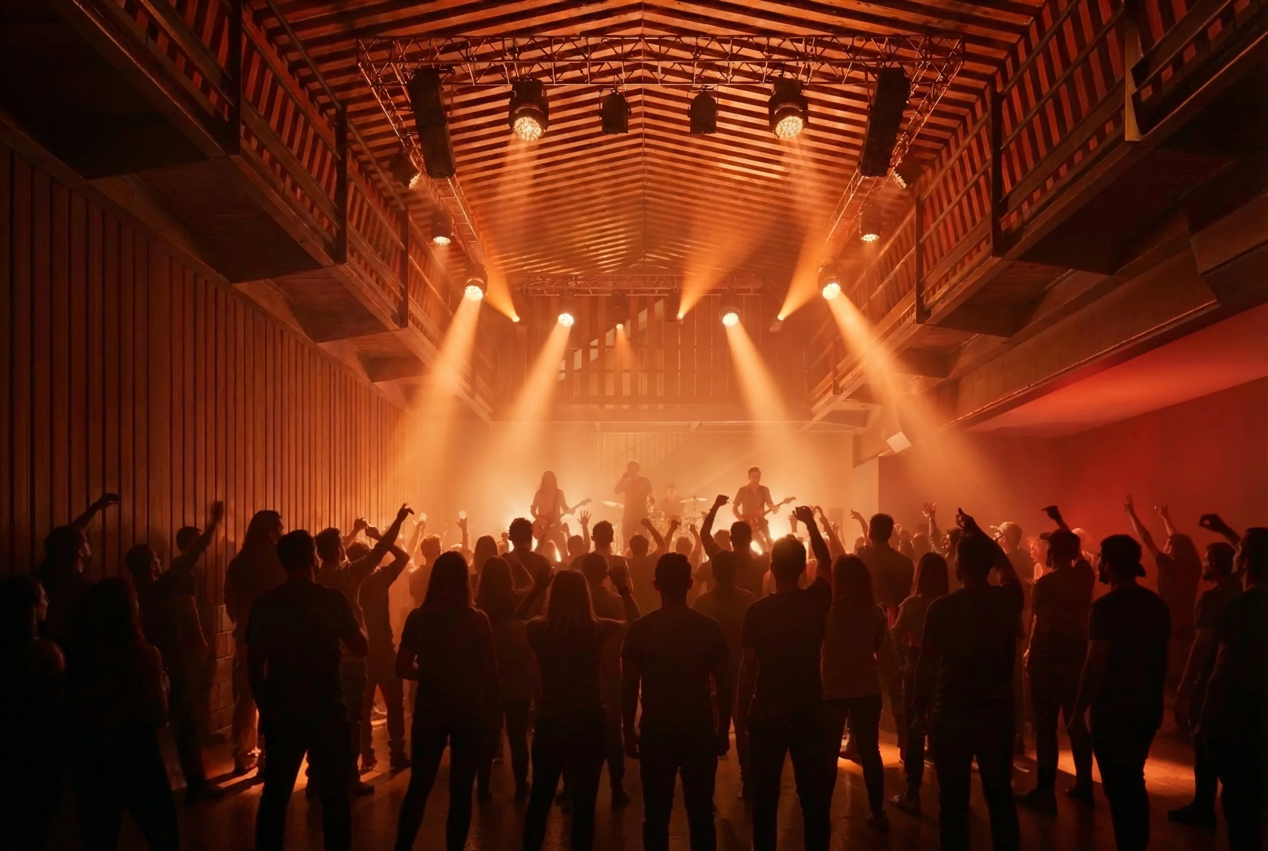 Un groupe de personnes assistent à un concert dans une salle avec une scène éclairée par des lumières chaudes, un groupe de musiciens joue sur scène.