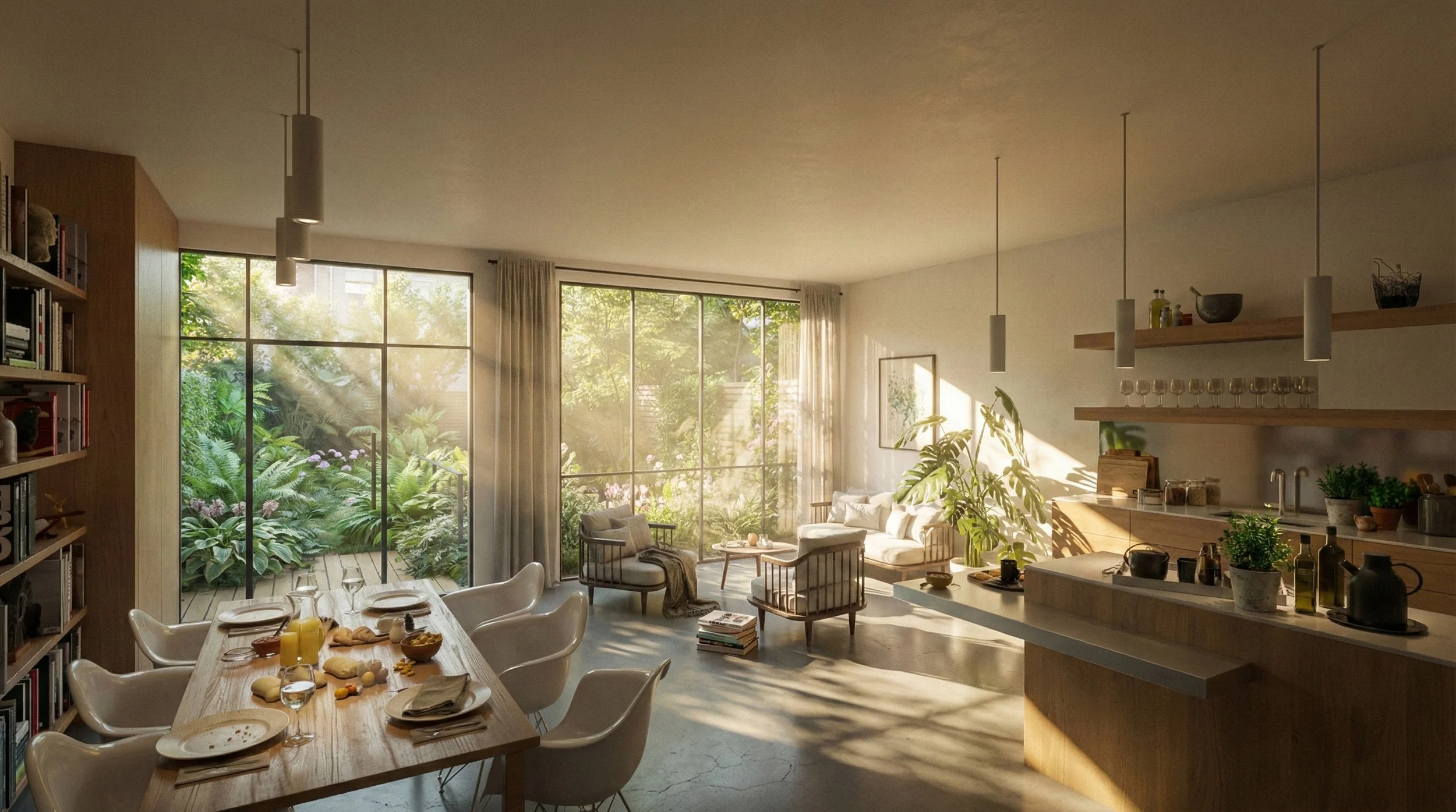 Salon et salle à manger lumineux avec grande baie vitrée donnant sur un jardin verdoyant, meubles en bois, plantes d'intérieur, ambiance chaleureuse et moderne.