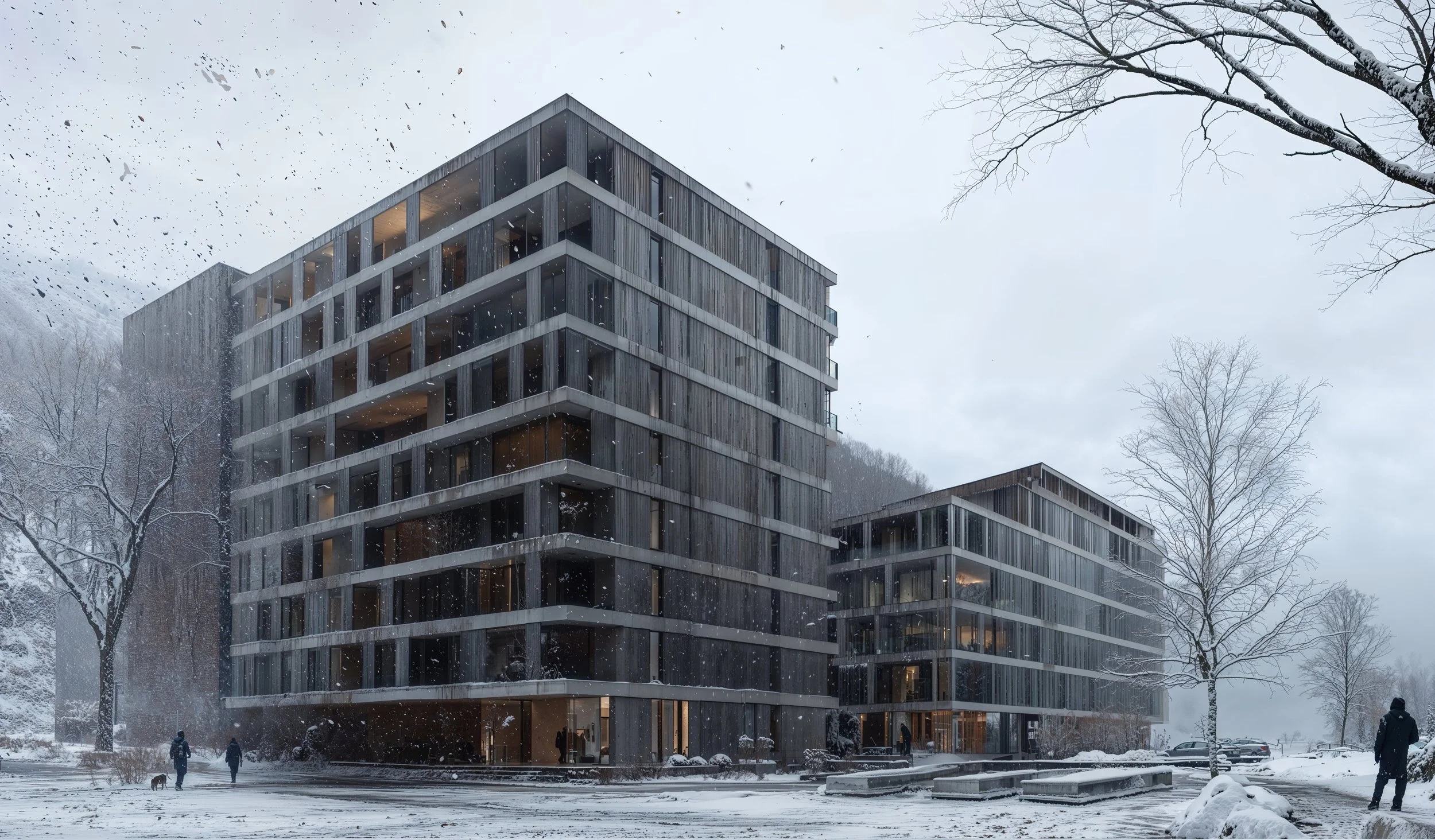 Modern multi-storey building in a snowy landscape with leafless trees and people walking, some with dogs, during winter.