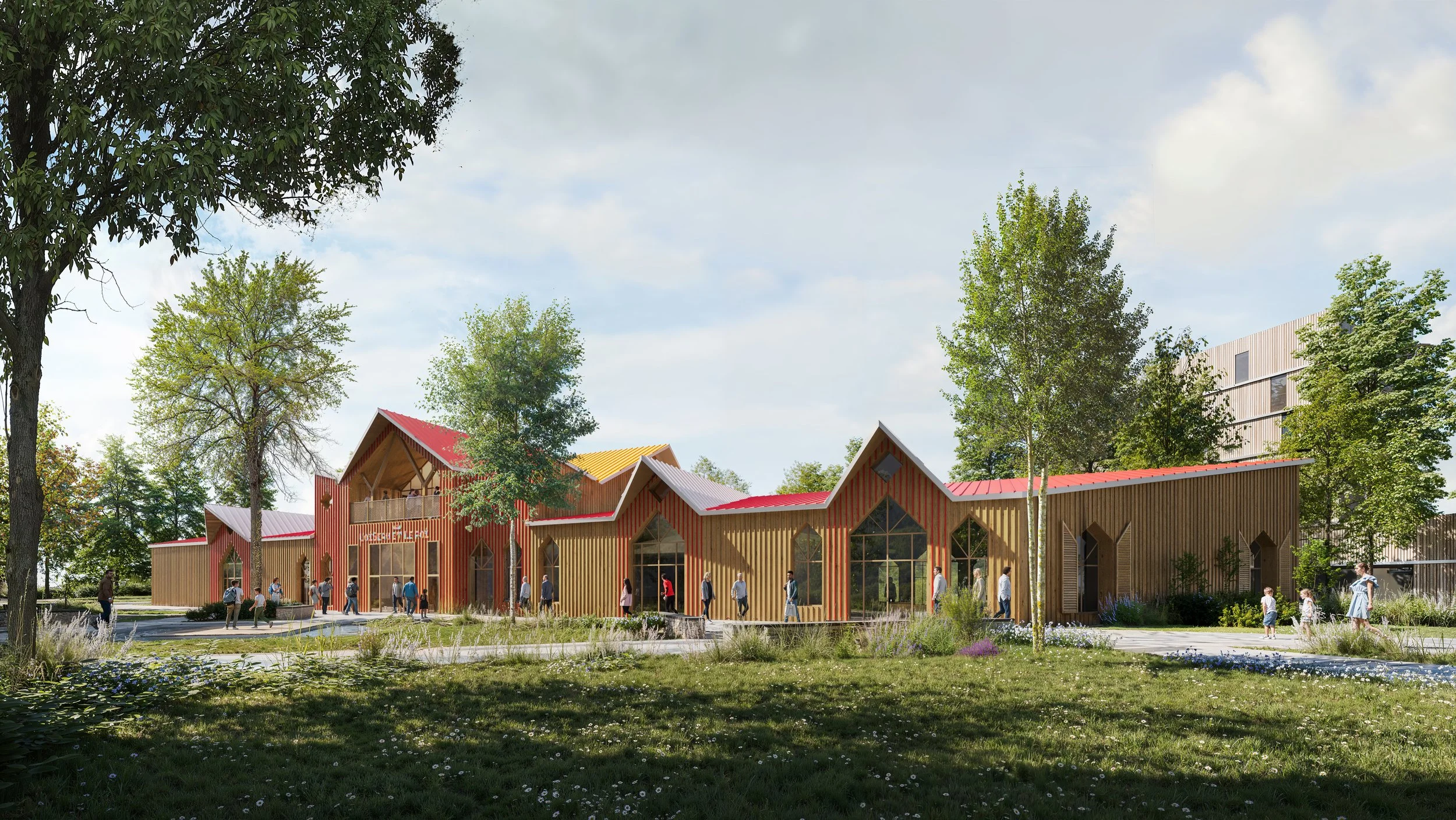 Un bâtiment en bois avec plusieurs pignons aux toits colorés, entouré de plusieurs arbres, avec des personnes qui se promènent dans le parc devant.