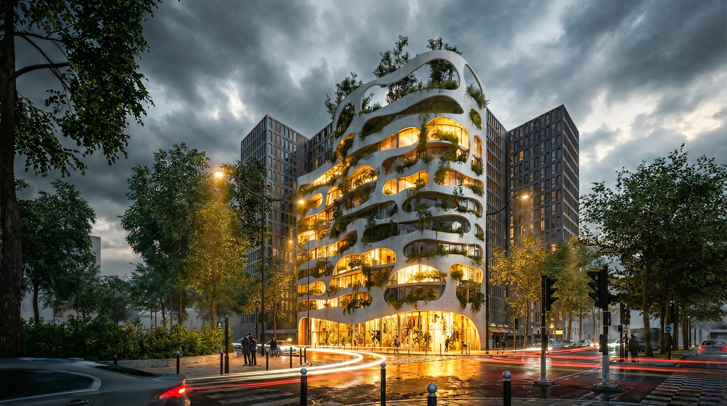 Un immeuble moderne illuminé, avec des formes organiques et des végétaux sur ses balcons, situé à côté d’autres bâtiments en ville, sous un ciel nuageux au crépuscule.