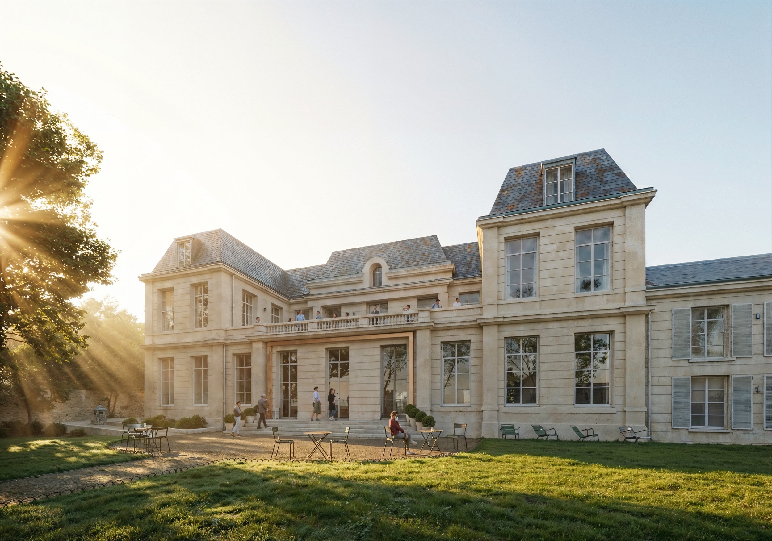 Un grand bâtiment de style mansion avec plusieurs étages, fenêtres et balcons, entouré d'un jardin avec des chaises et des tables, éclairé par le soleil couchant dans un environnement paisible.