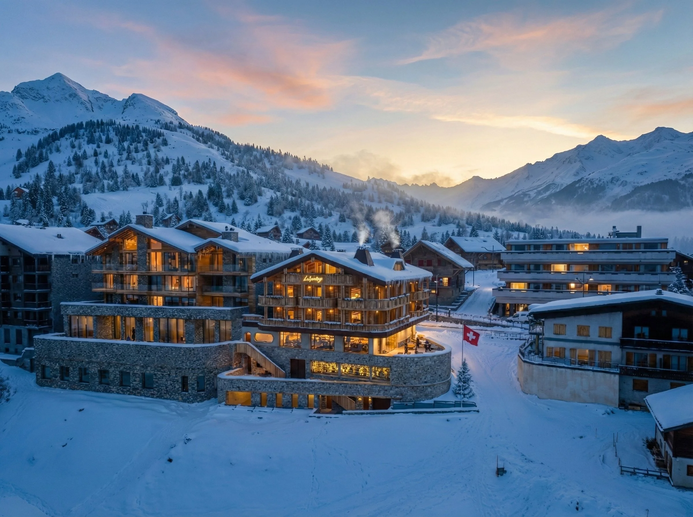 Village alpin illuminé avec bâtiments en pierre et bois, entouré de montagnes enneigées au coucher du soleil, avec drapeau suisse visible.