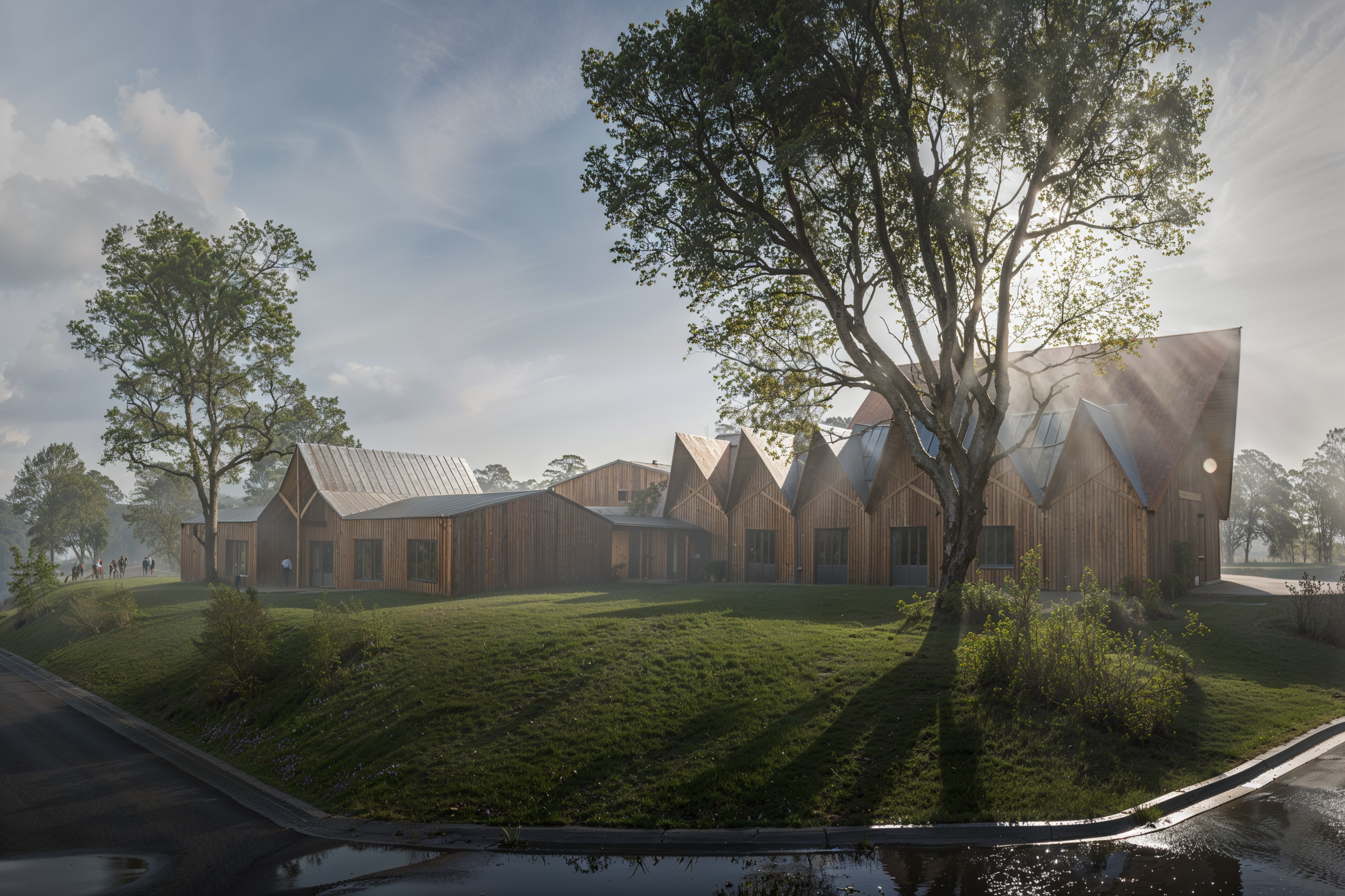 Un bâtiment en bois moderne avec des toits en pente, entouré d'arbres et d'une pelouse, avec la lumière du soleil en arrière-plan.