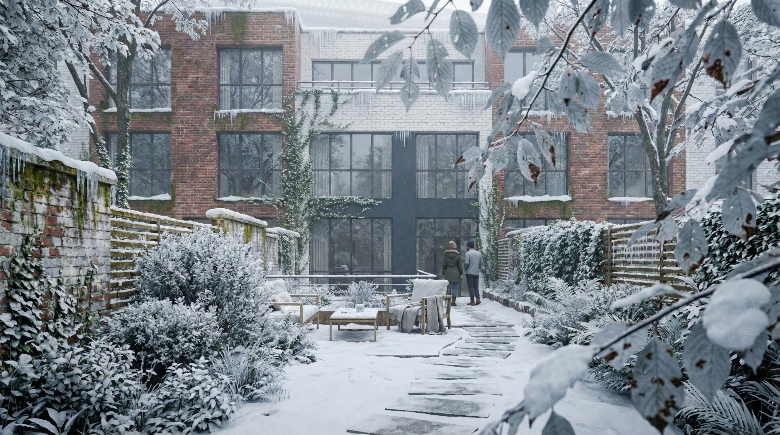 Jardin enneigé avec deux personnes discutant devant un bâtiment en briques, entouré de végétation couverte de neige.