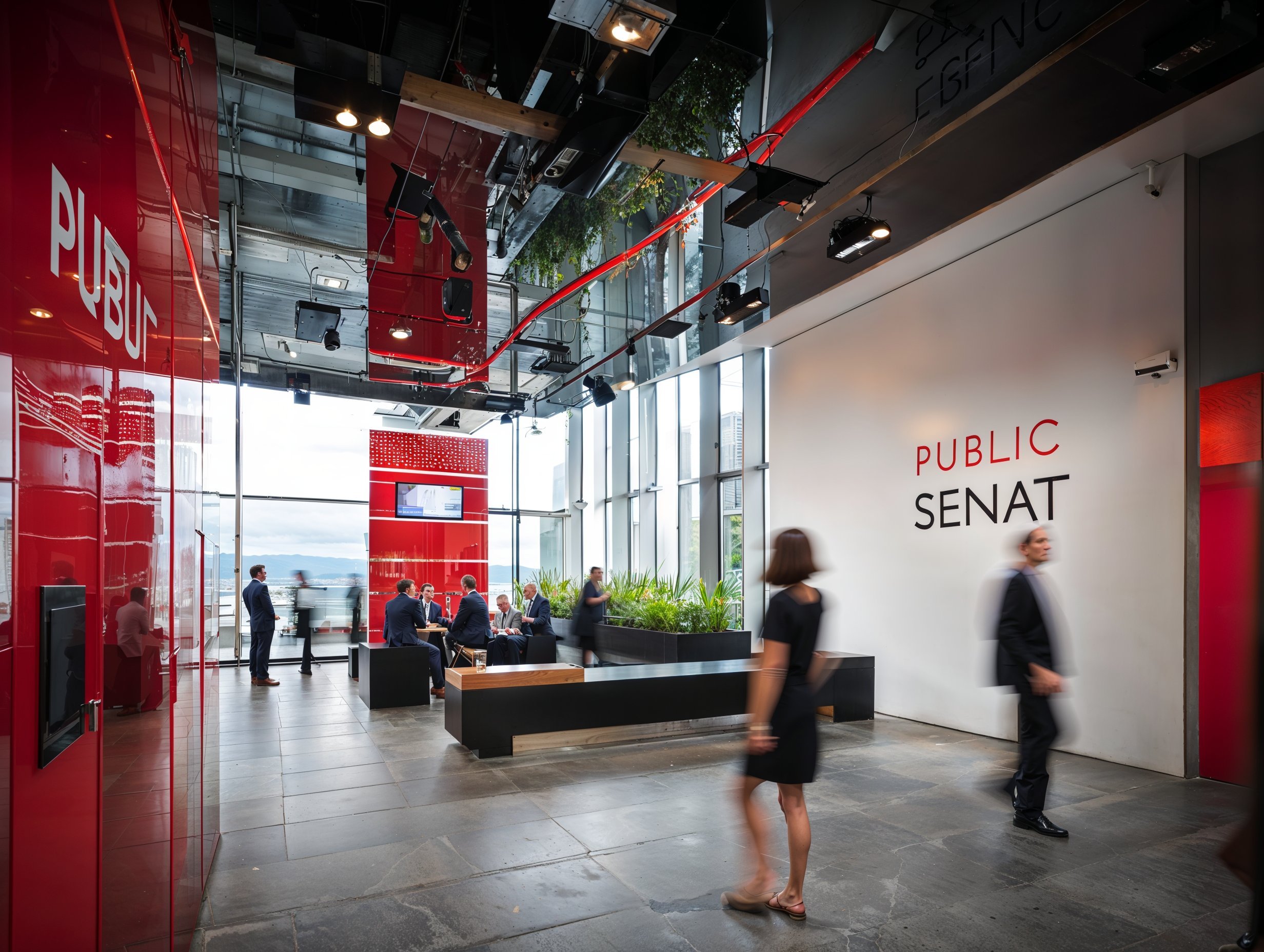 Intérieur d'un bâtiment moderne avec des personnes discutant et marchant, murs avec inscriptions 'PUBLIC' et 'SENAT', grandes fenêtres laissant entrer la lumière naturelle, et des éléments de décoration en rouge et noir.