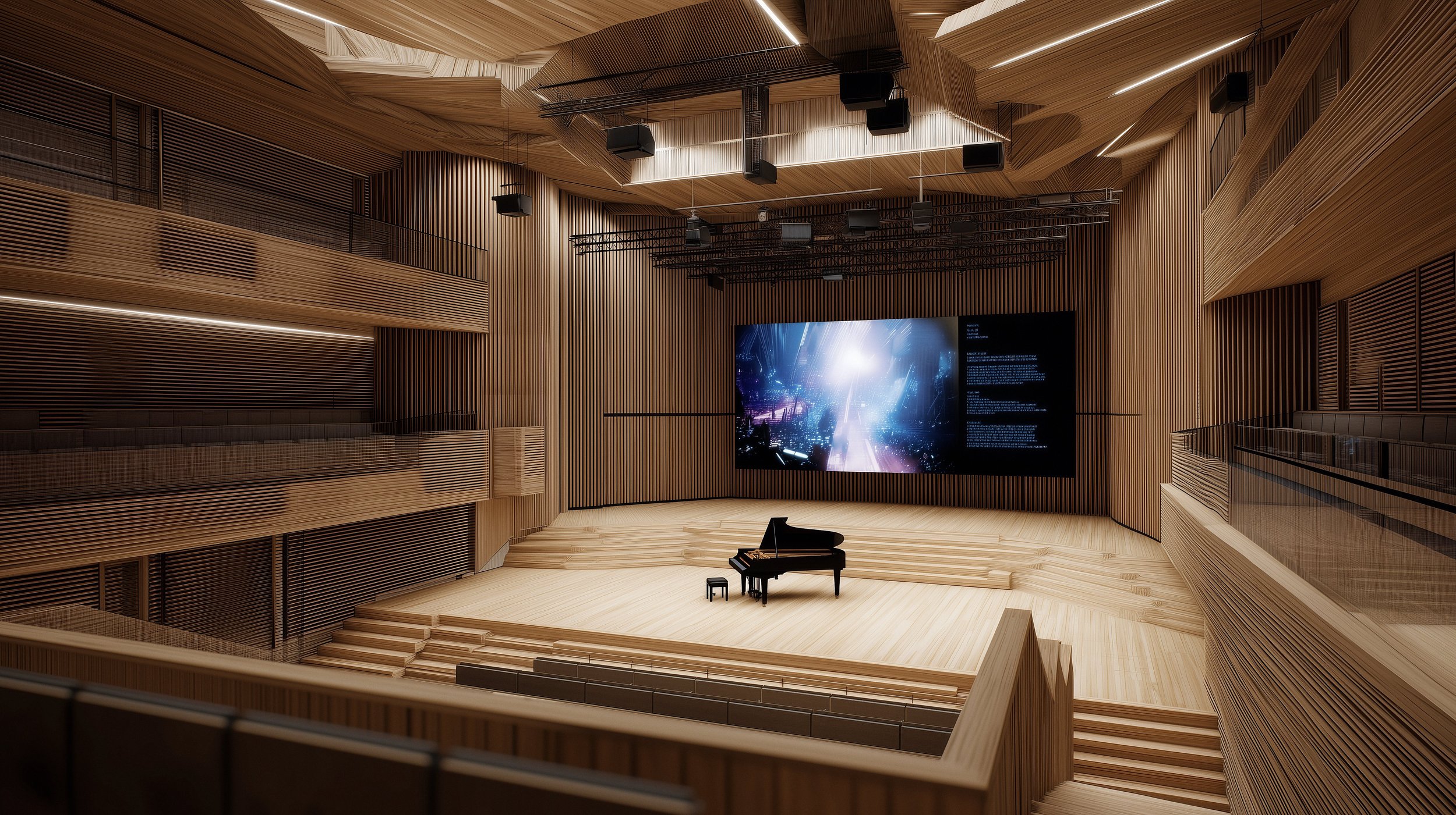 Salle de concert en bois clair avec un piano à queue sur scène, un grand écran numérique derrière, et des chaises dans la salle.
