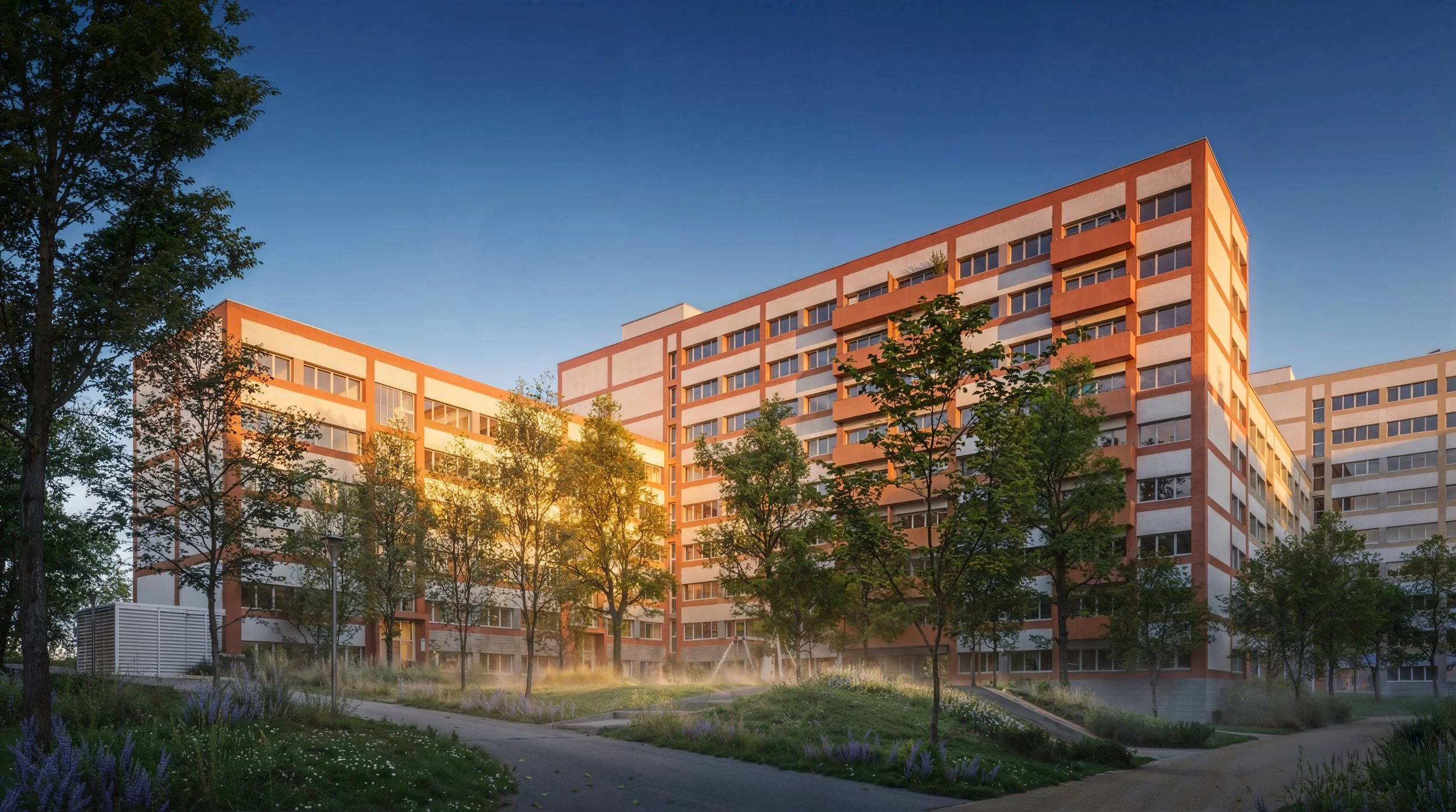 Un immeuble résidentiel avec plusieurs étages, entouré d'arbres et d'un jardin avec des fleurs, sous un ciel clair.