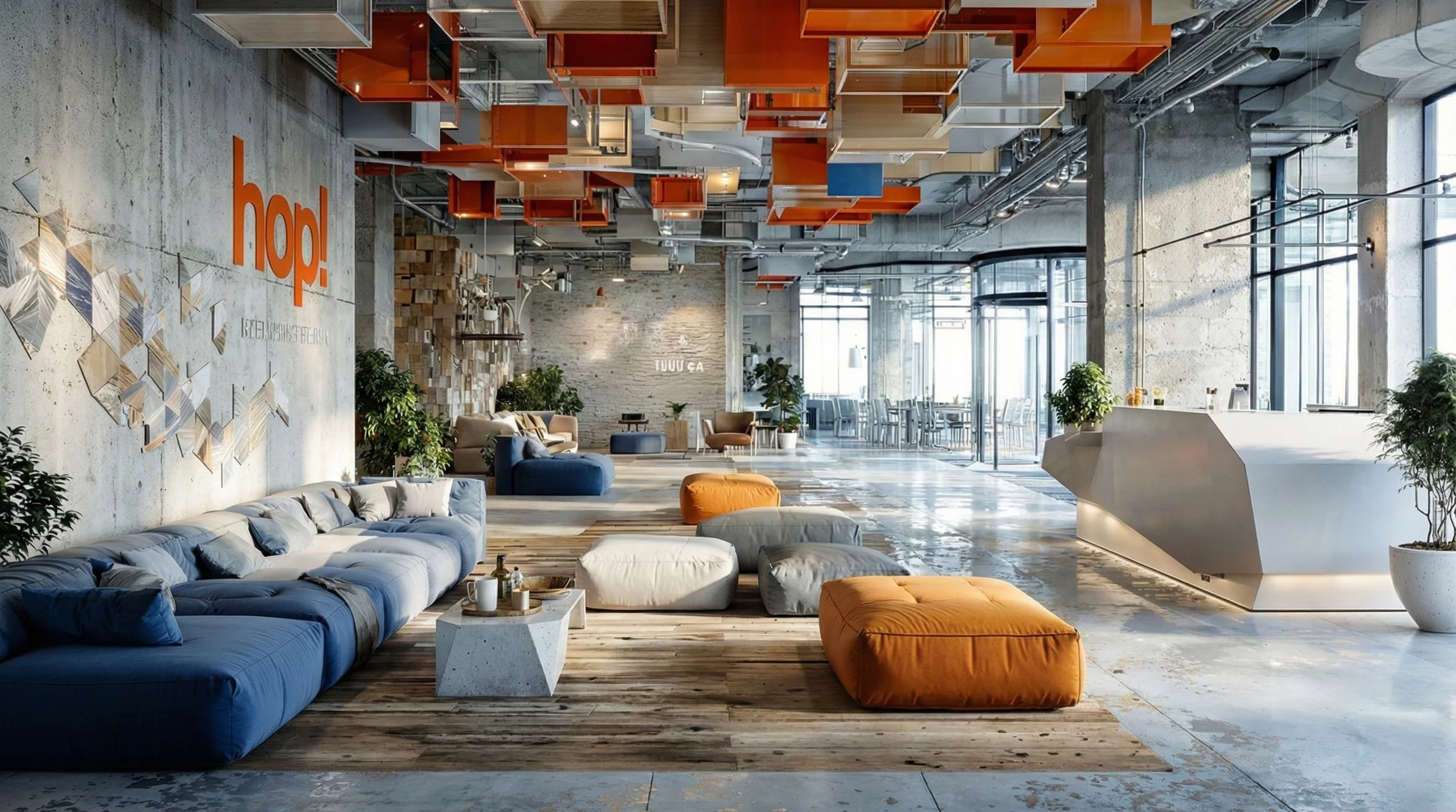 Un espace lounge moderne avec des canapés colorés, des plantes, des lampes suspendues et une réception en fond, dans un bâtiment industriel avec de grandes fenêtres.