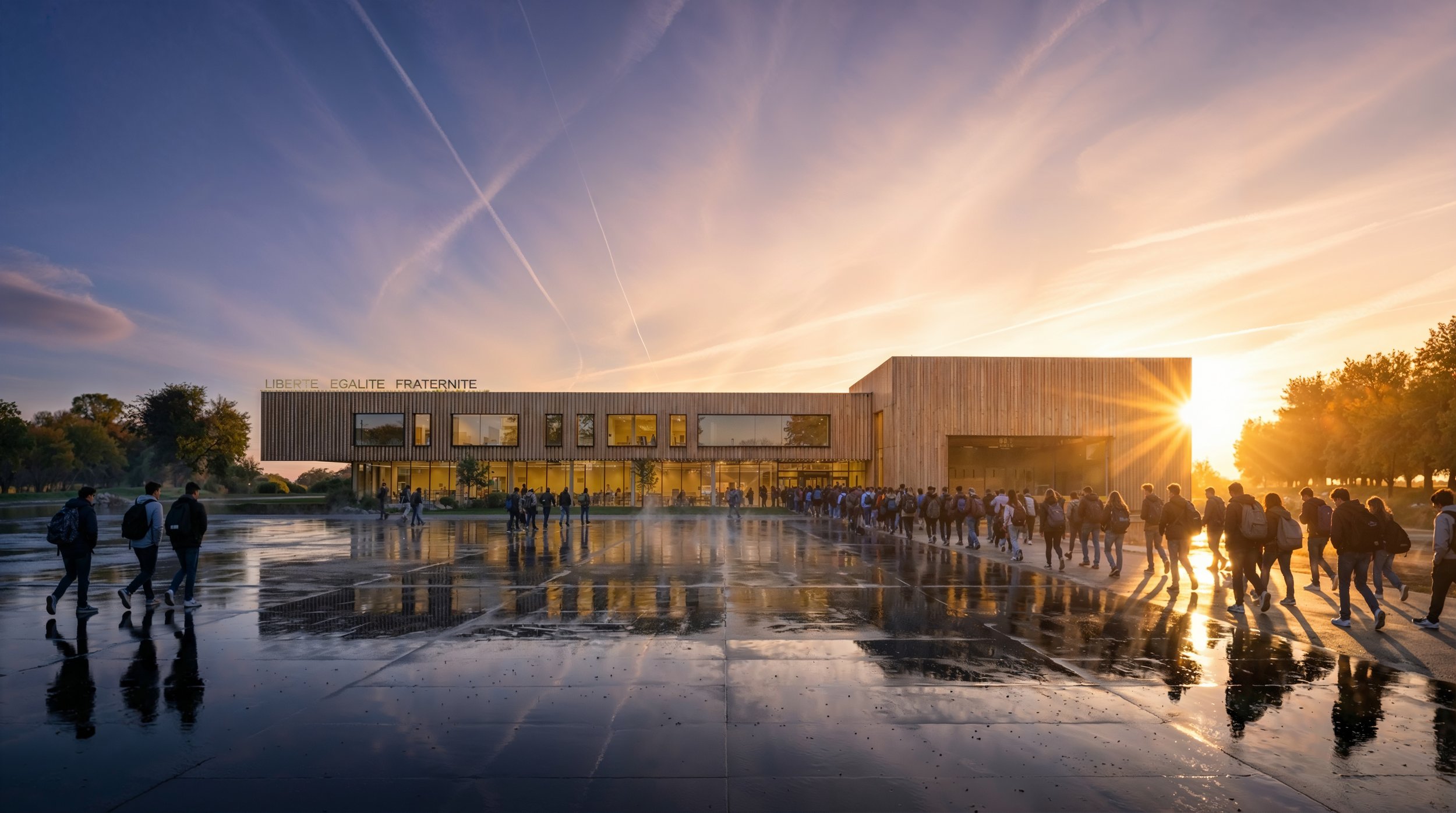Une foule d'étudiants entre dans un bâtiment moderne en bois, avec le soleil couchant en toile de fond et une phrase en haut du bâtiment lisant 'LIBERTÉ ÉGALITÉ FRATERNITÉ'.