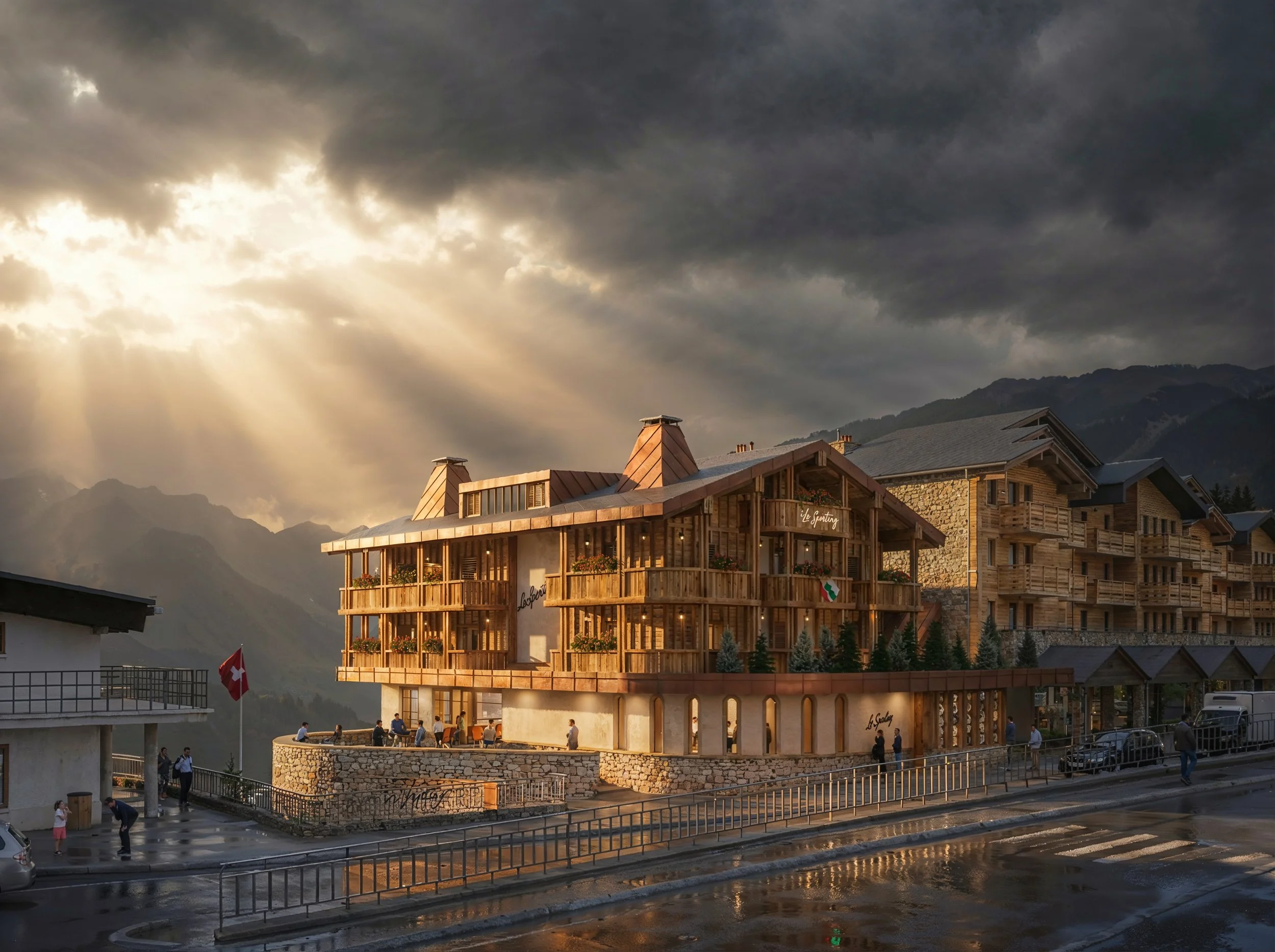 Une grande maison en bois située dans un paysage montagneux, avec des rayons de soleil perçant à travers un ciel nuageux, en soirée.