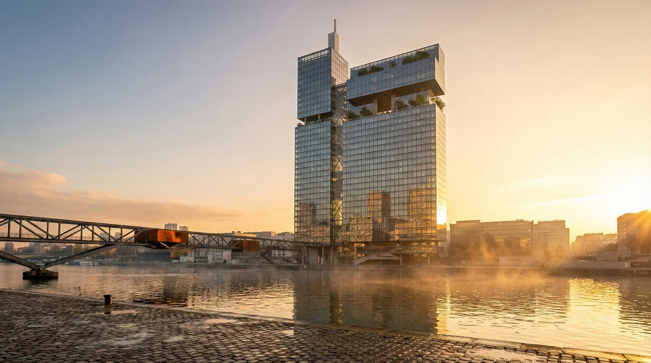 Un bâtiment moderne en verre au lever ou coucher du soleil, situé au bord d'une rivière ou d'un étang avec un pont métallique à gauche, reflet du bâtiment dans l'eau et légère brume sur l'eau.
