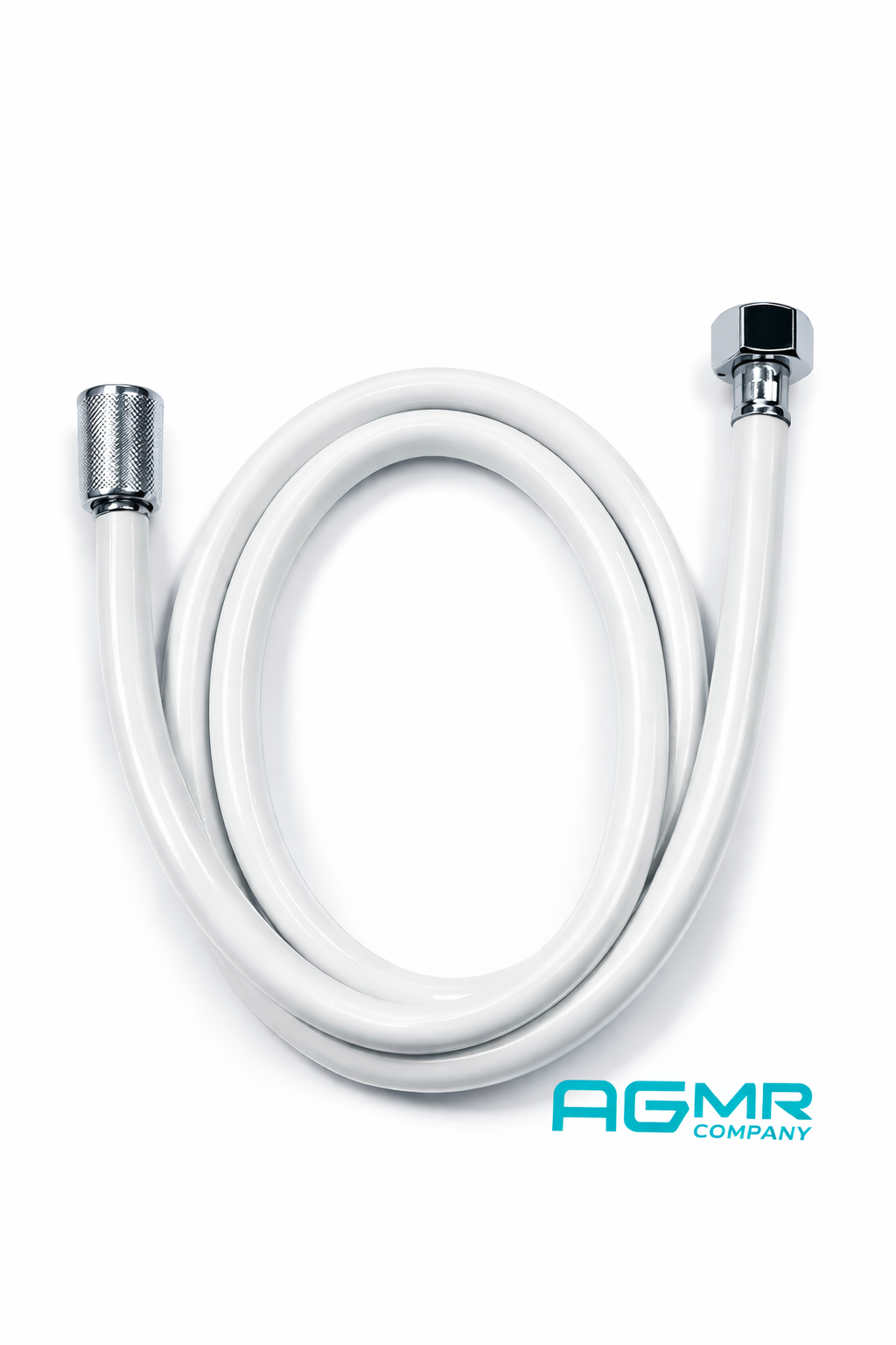 White hose with metal fittings on a white background, with the text 'AGMR COMPANY' in blue at the bottom right corner.