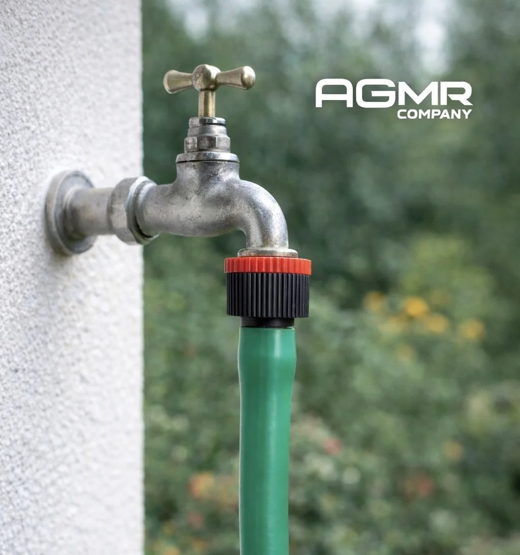 Outdoor faucet connected to a green garden hose with a red and black connector, mounted on a white textured wall with a blurred green leafy background.