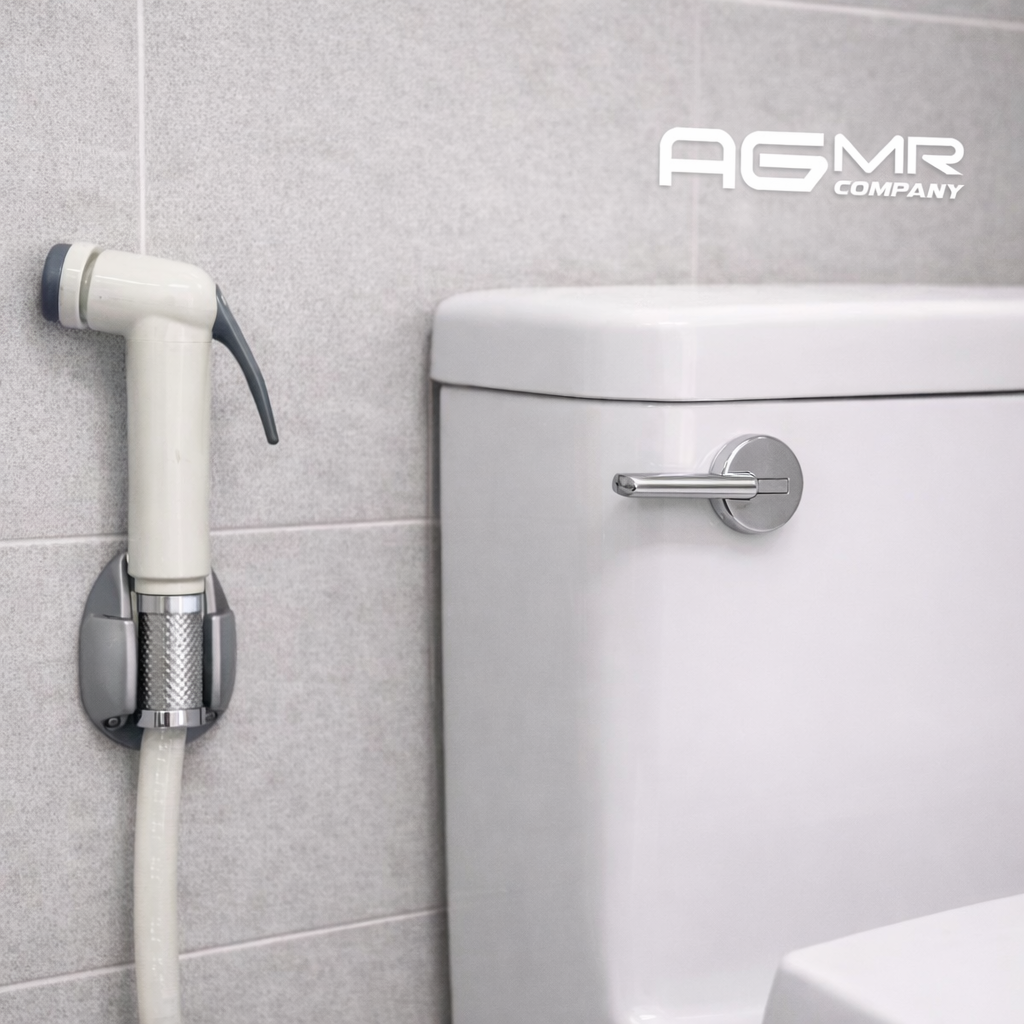 Close-up of a white toilet with a metallic flush handle in a bathroom. To the left, a white bidet shower spray with a gray hose attached to the wall. Gray tile wall behind.