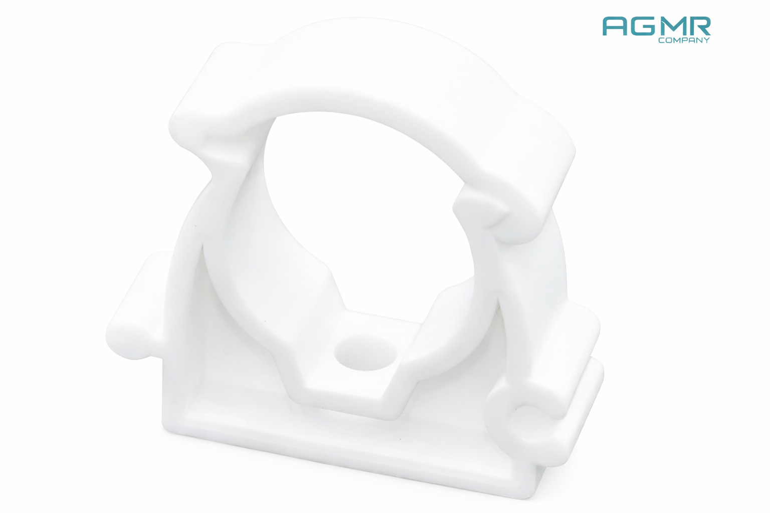A white plastic dental impression tray with a hollow circular center and multiple supporting arms, branded with the AGMR Company logo in the top right corner.